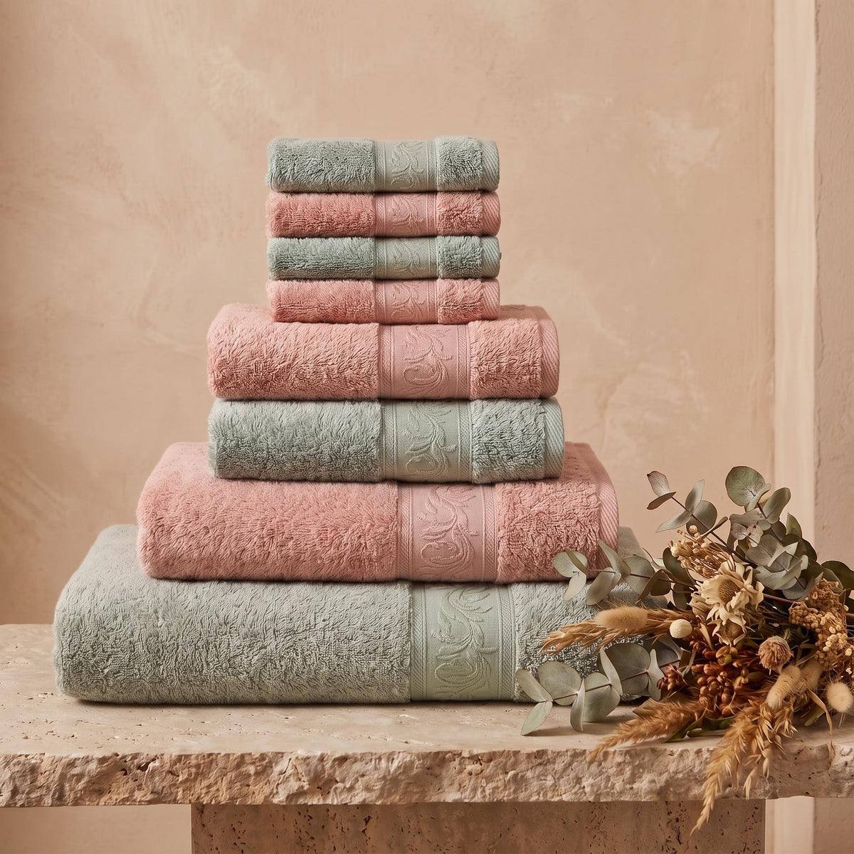 Linoa Family · Reesha in Sage & Blush Pink — 9-piece two-tone stack