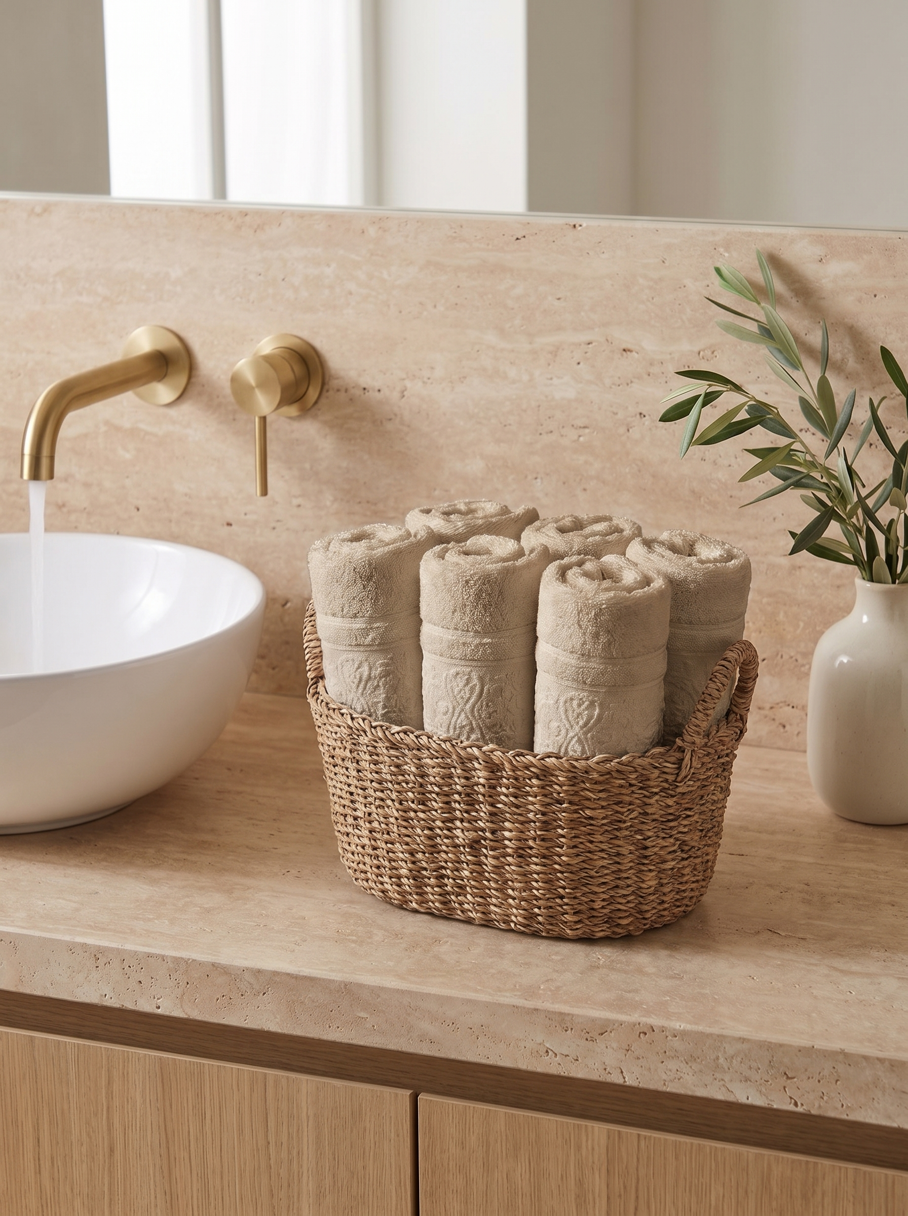 Linoa 450 Hudoo in sand 100% cotton towel, face towel folded in a woven basket