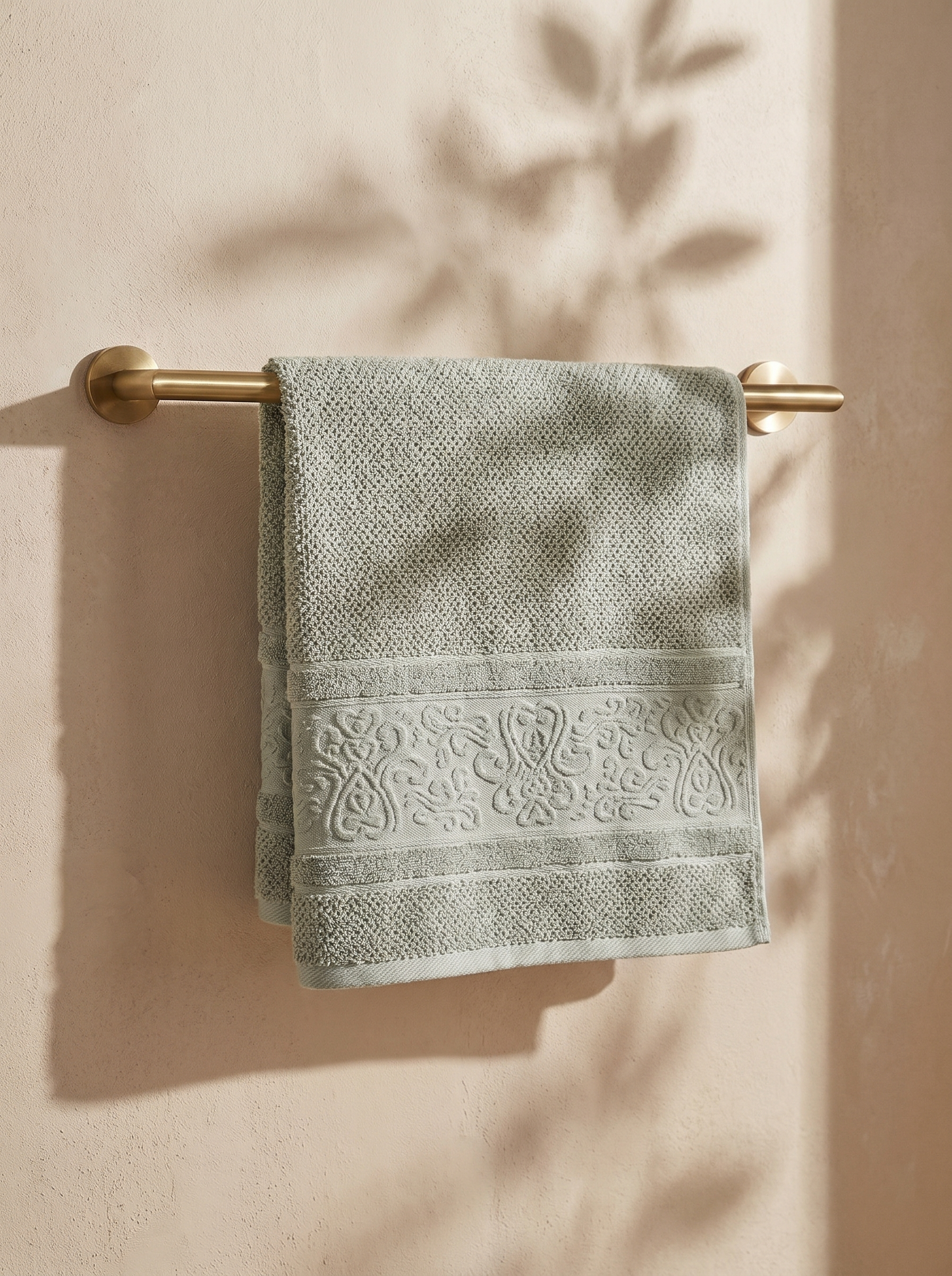 Linoa 450 Hudoo in sage green 100% cotton towel, draped over a rail