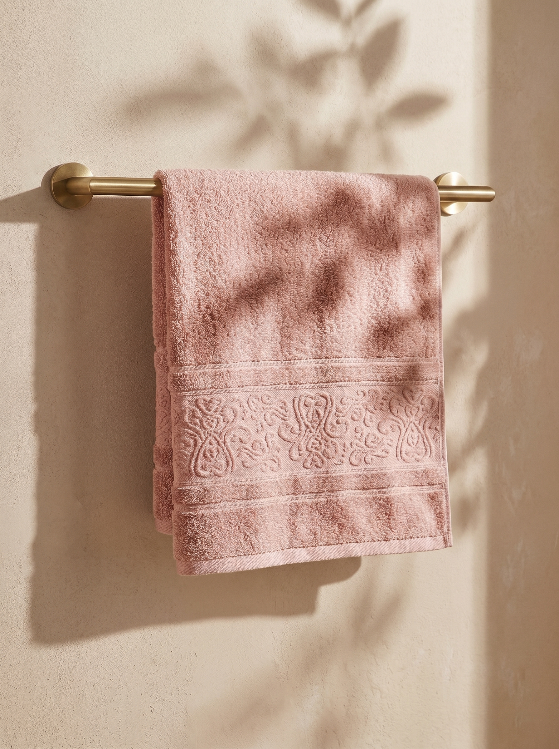Linoa 450 Hudoo in blush pink 100% cotton towel, draped over a rail
