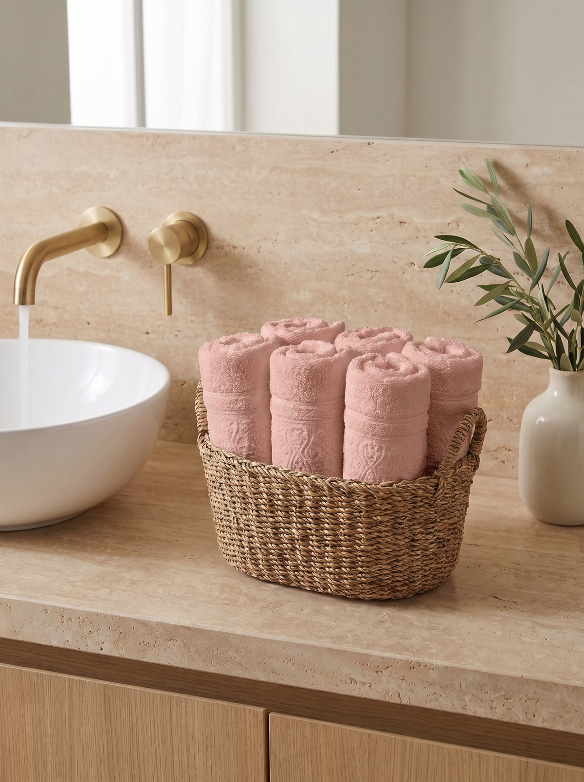 Linoa 450 Hudoo in blush pink 100% cotton towel, face towel folded in a woven basket
