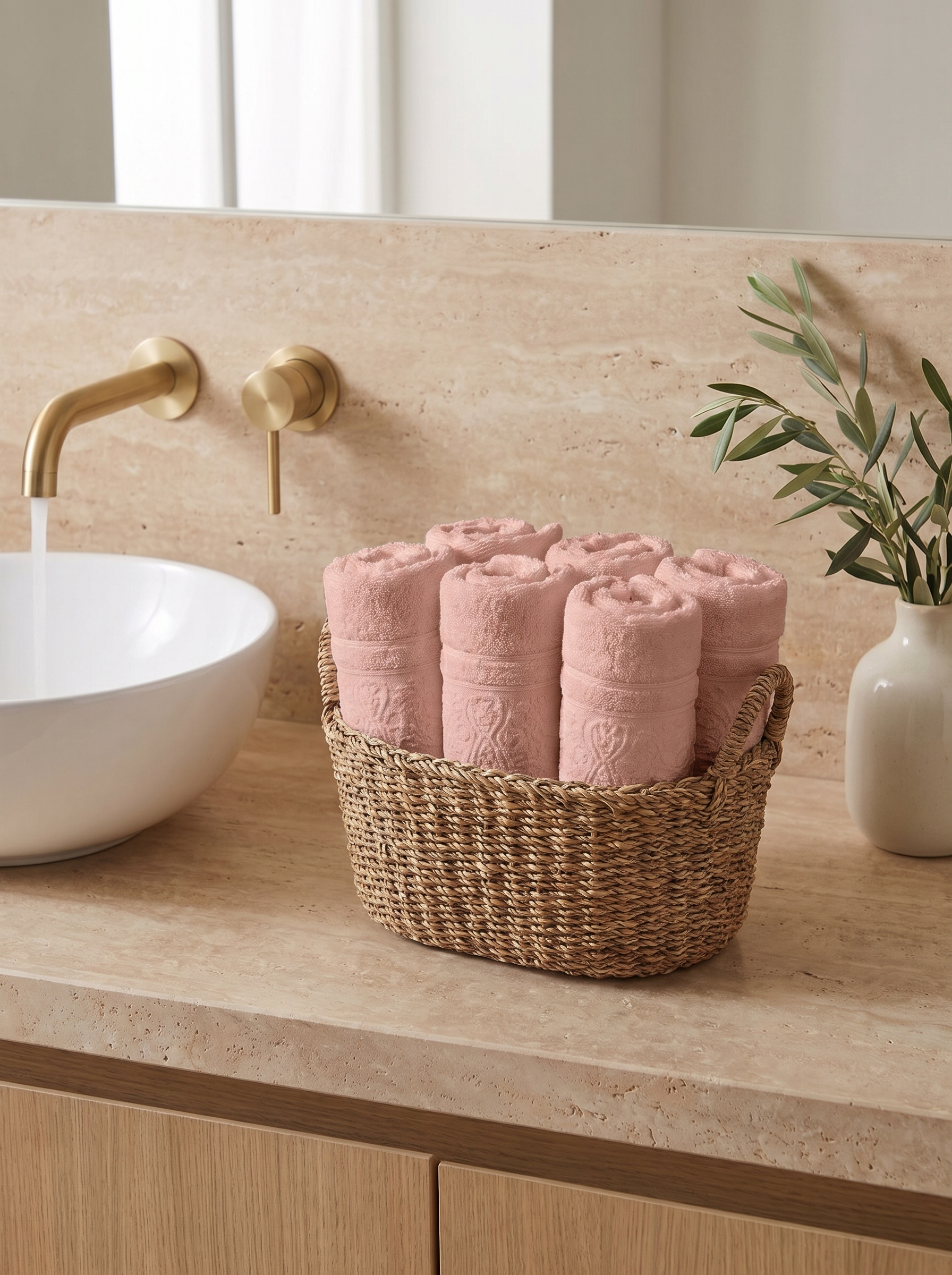 Linoa 450 Hudoo in blush pink 100% cotton towel, face towel folded in a woven basket