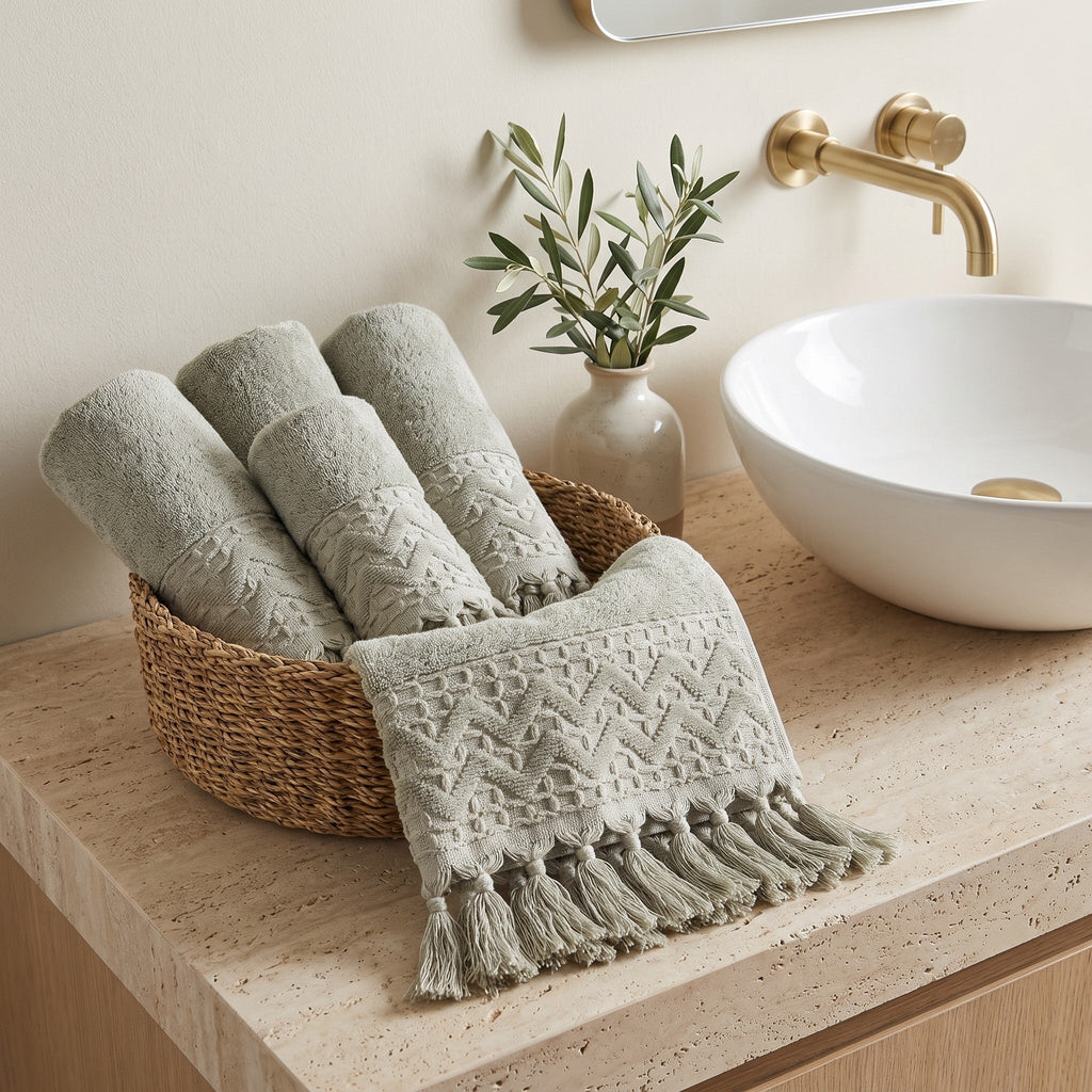Linoa Everyday Makhmal — Sage, towels in basket