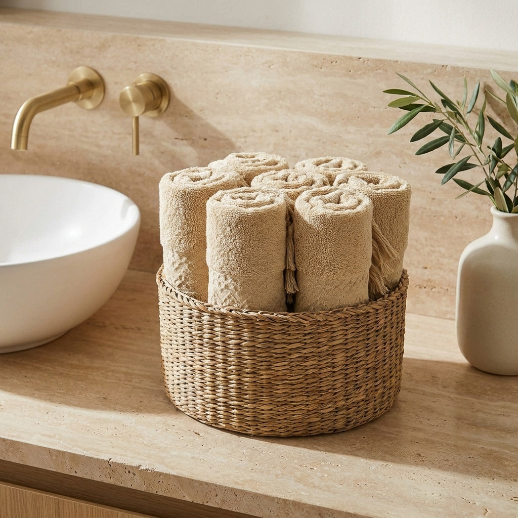 Linoa Everyday Makhmal — Cream, face towel in basket