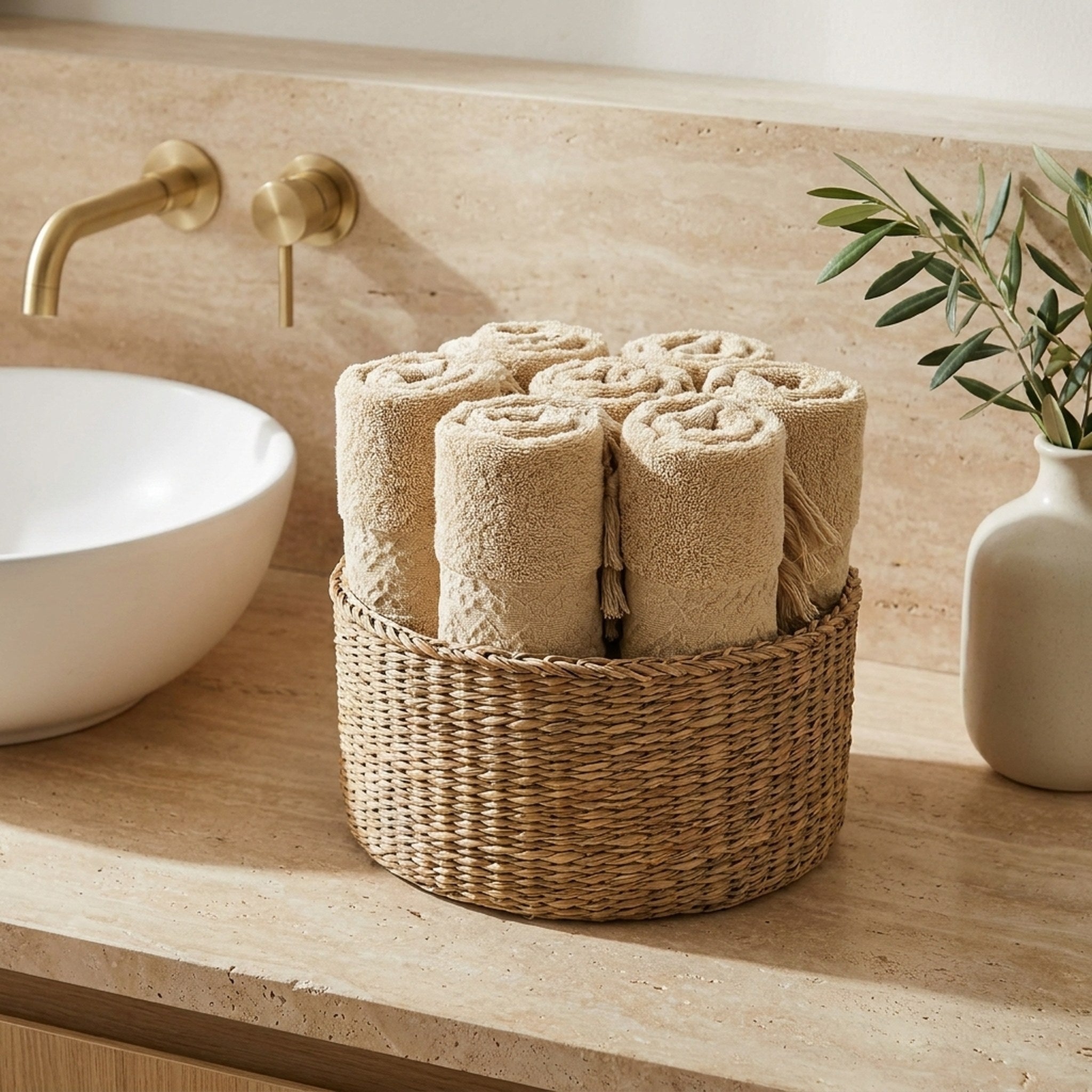 Linoa Everyday Makhmal — Cream, face towel in basket