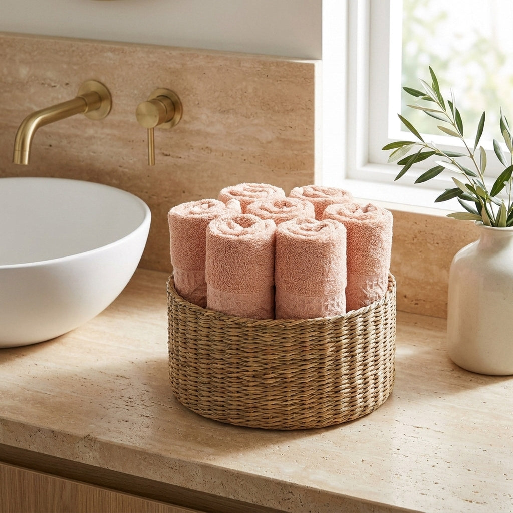 Linoa Everyday Makhmal — Blush Pink, face towel in basket