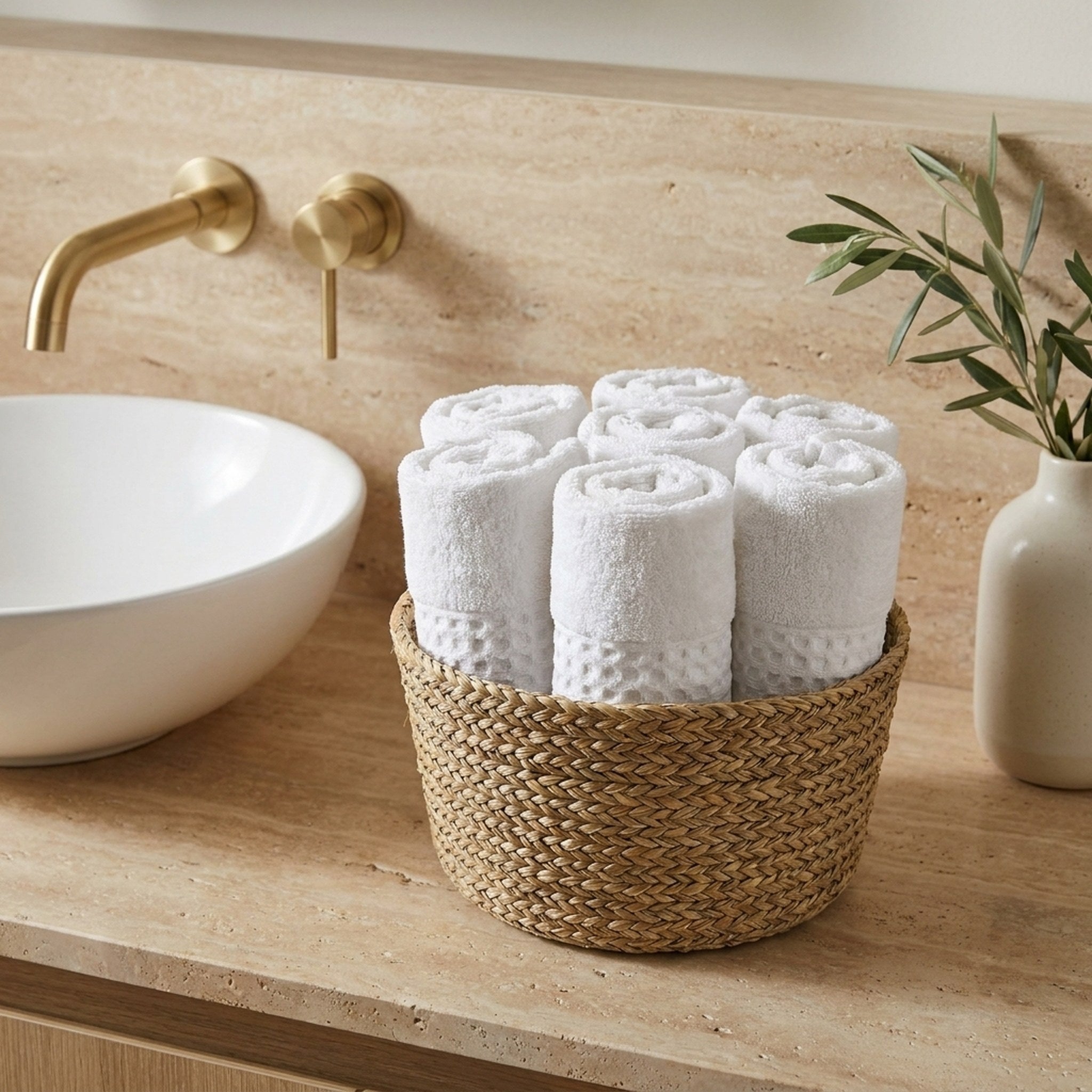 Linoa Everyday Makhmal — White, face towel in basket