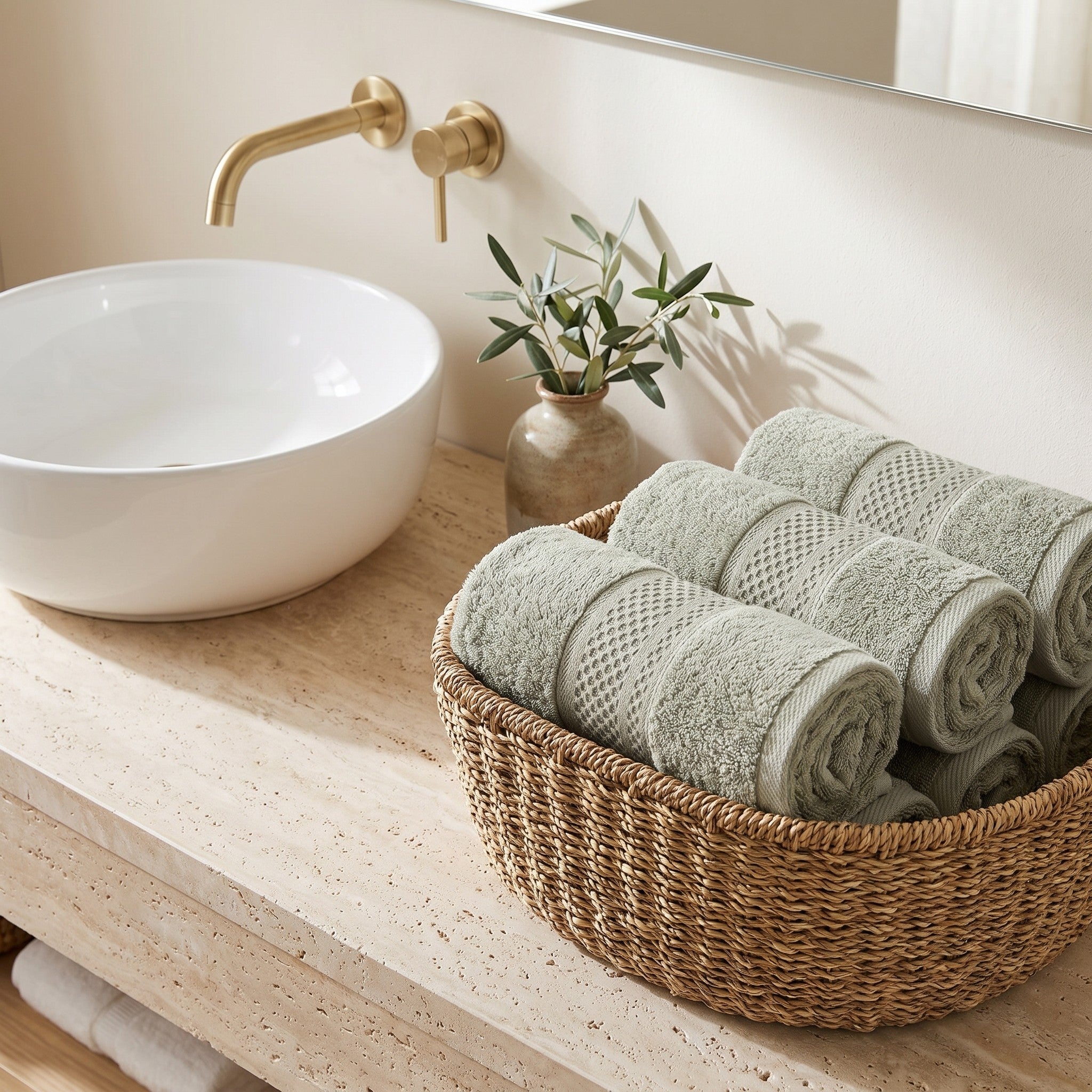 Linoa Everyday Naeem — Sage, towels in basket