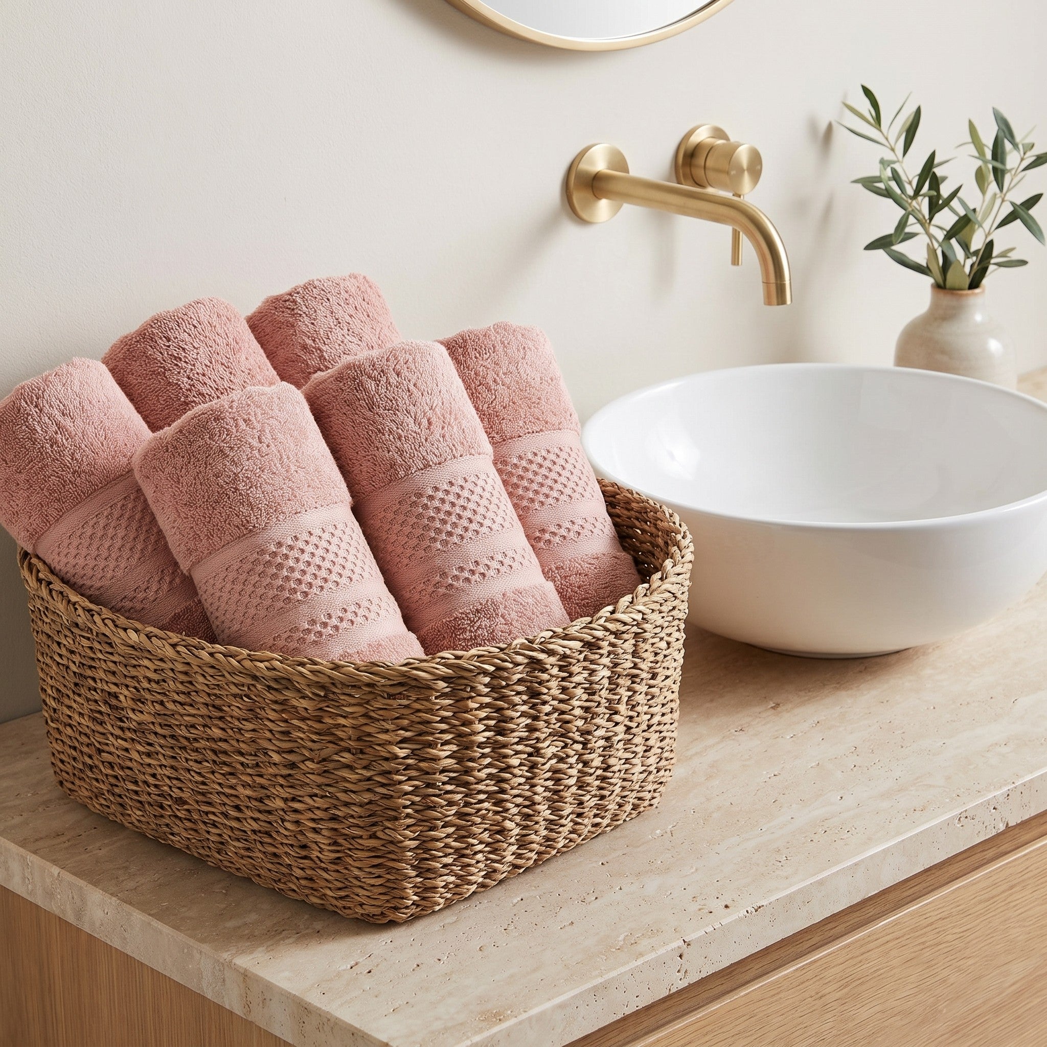 Linoa Everyday Naeem — Blush Pink, towels in basket