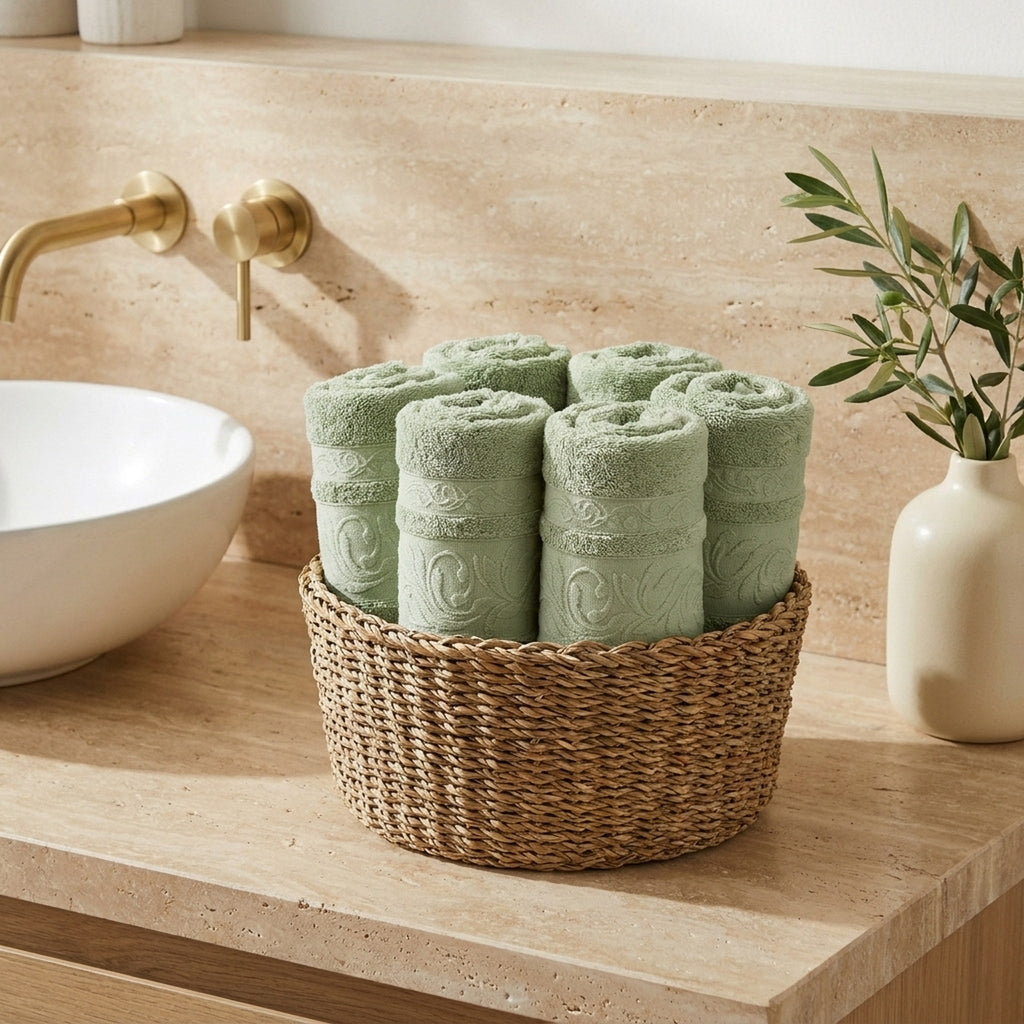 Linoa Everyday Reesha — Sage, face towel in basket