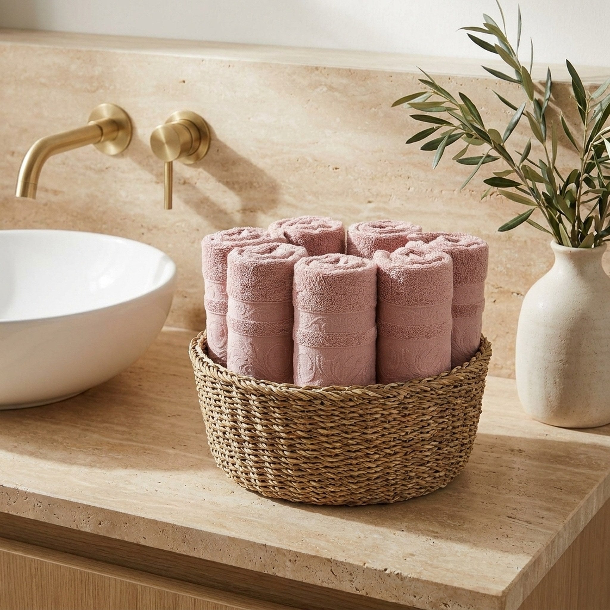 Linoa Everyday Reesha — Blush Pink, face towel in basket