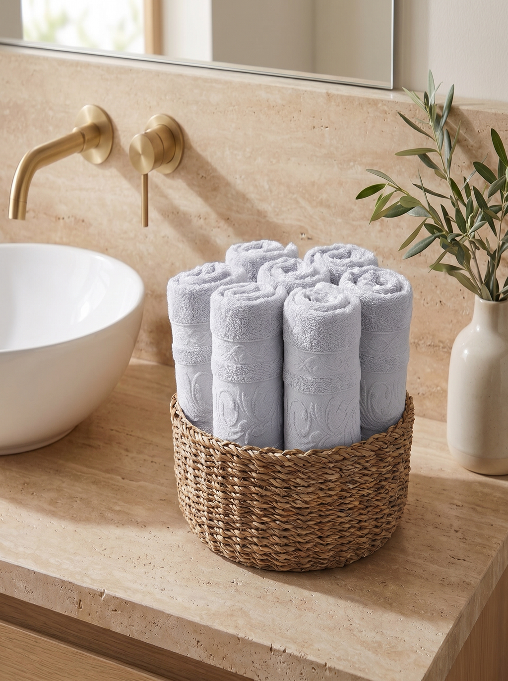 Linoa 550 Reesha Feather in white 100% cotton towel, face towel folded in a woven basket