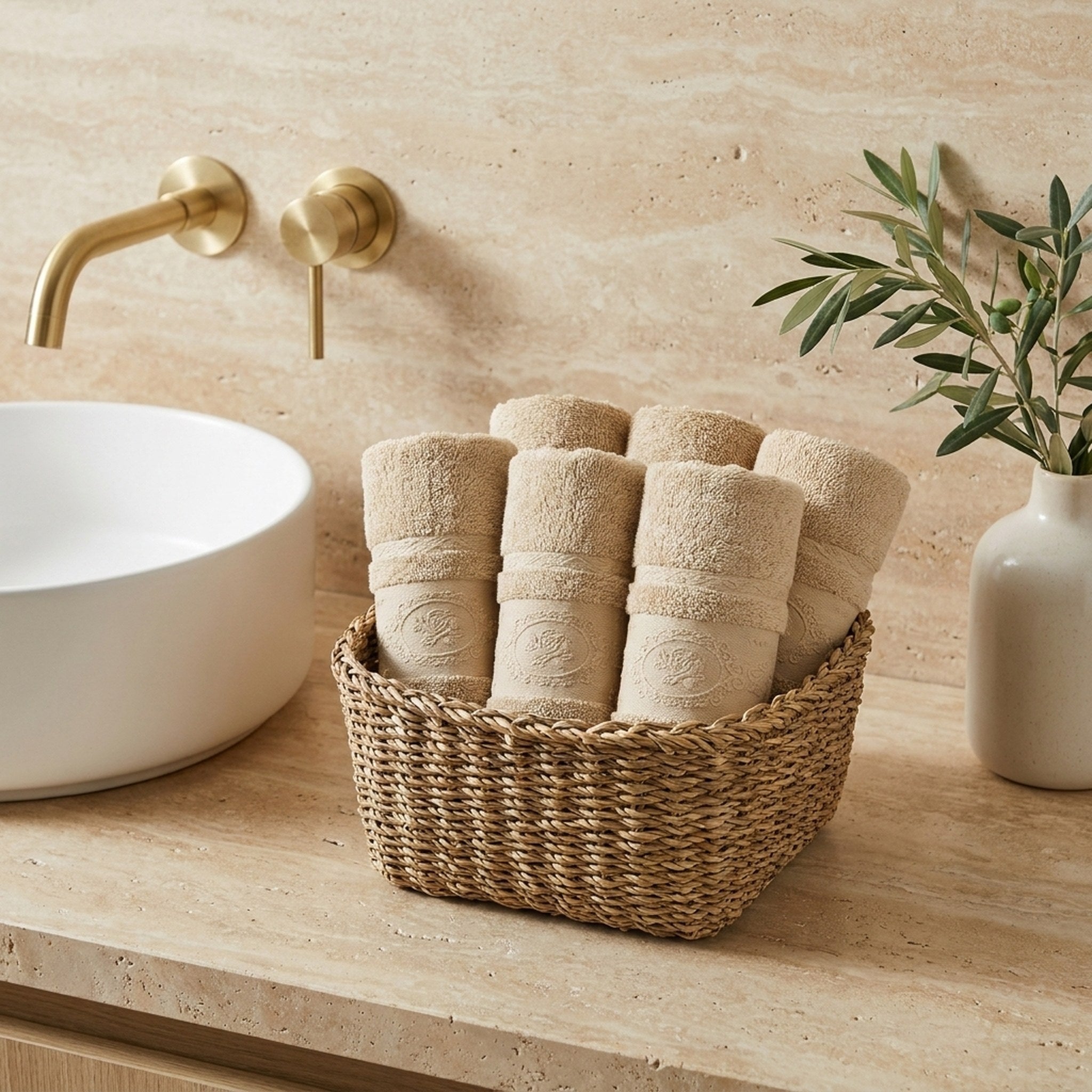Linoa Signature Fakhm — Sand, face towel in basket
