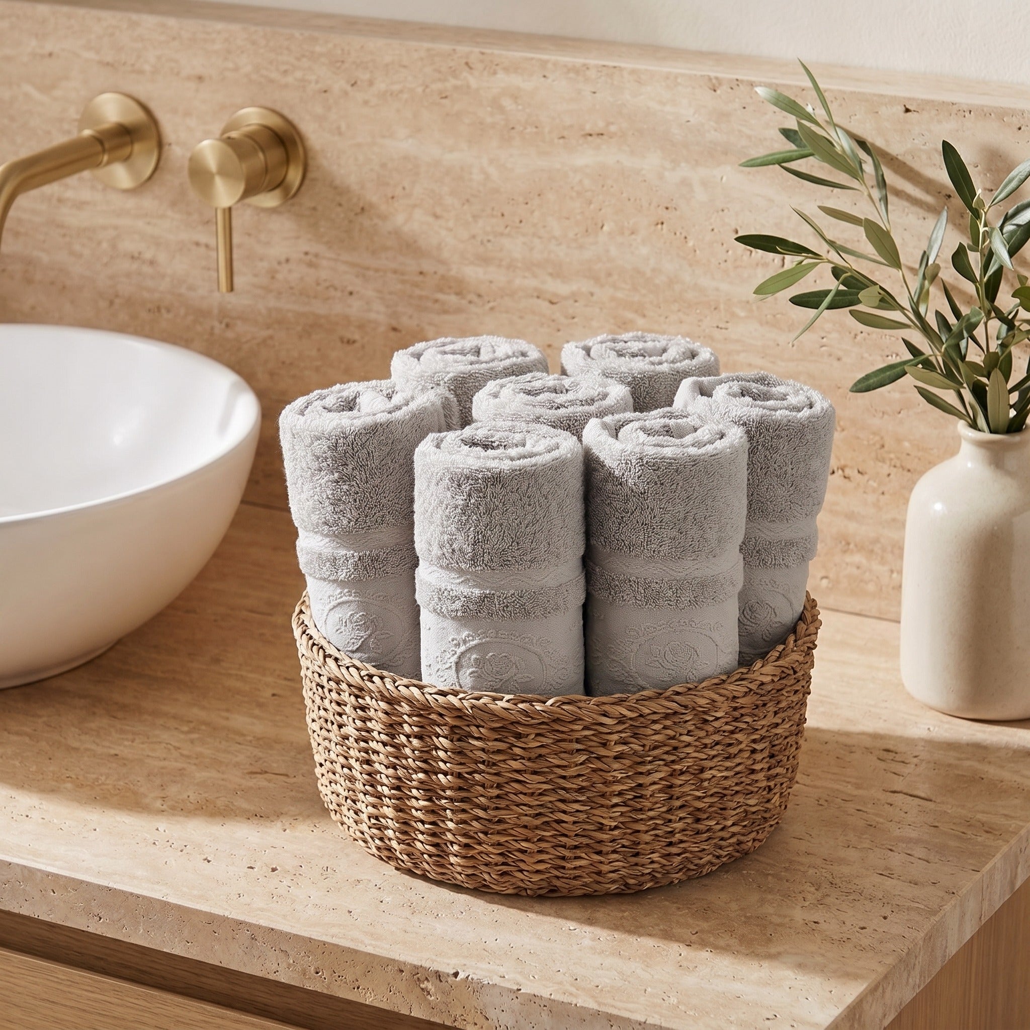 Linoa Signature Fakhm — Grey, face towels in basket, rose-medallion border