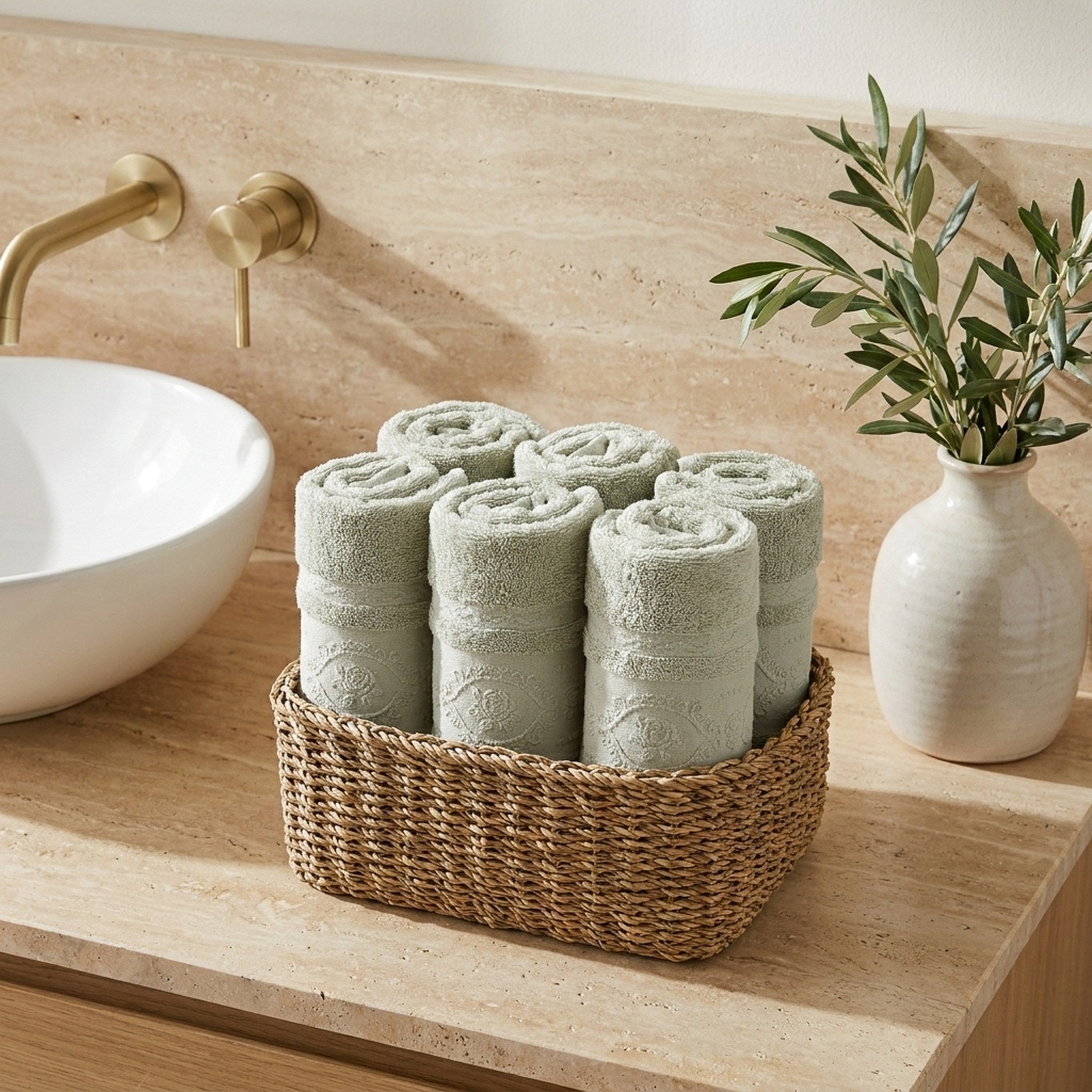 Linoa Signature Fakhm — Sage, face towel in basket