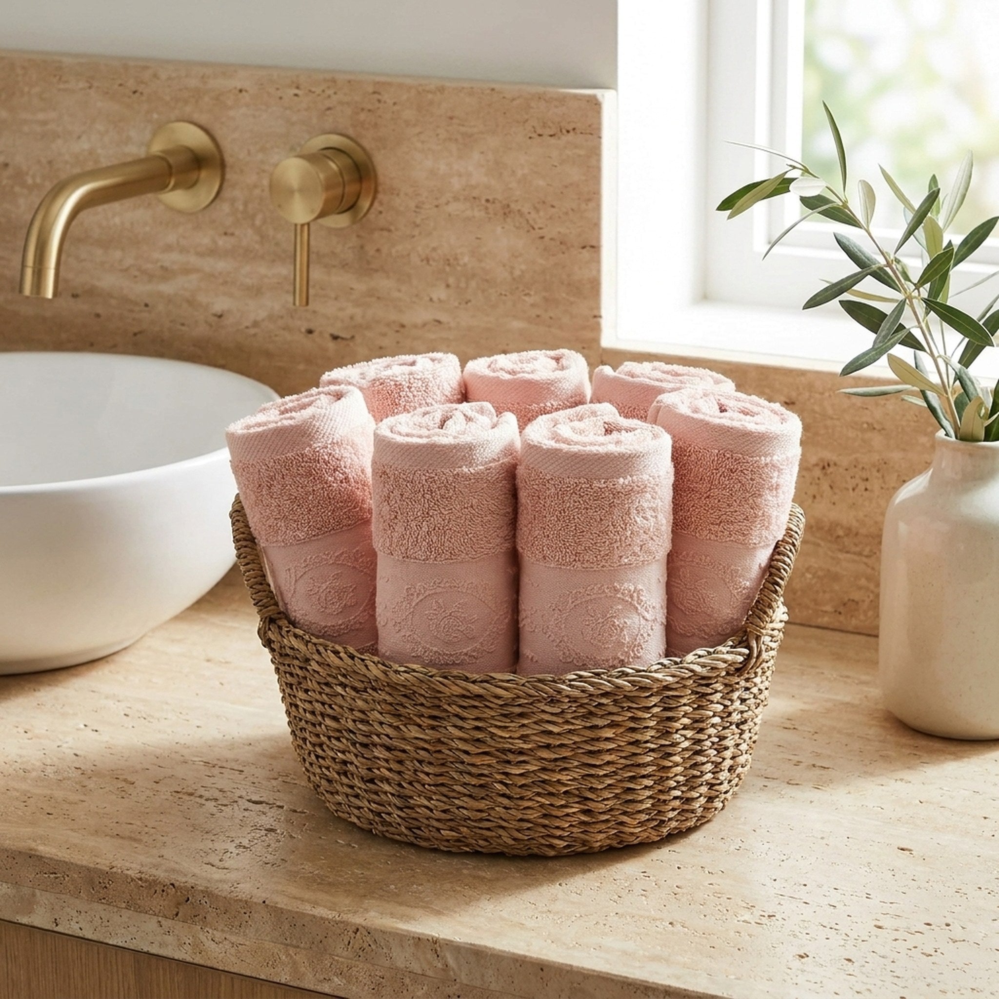 Linoa Signature Fakhm — Blush Pink, face towel in basket