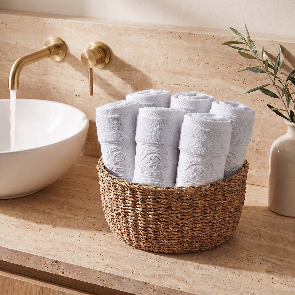 Linoa Signature Fakhm — White, face towels in basket, rose-medallion border