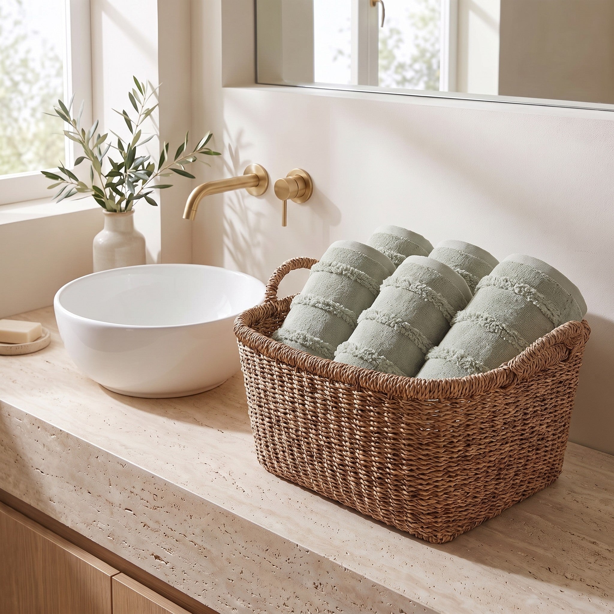 Linoa Naem+ Spa sage towel in basket, tufted stripe weave