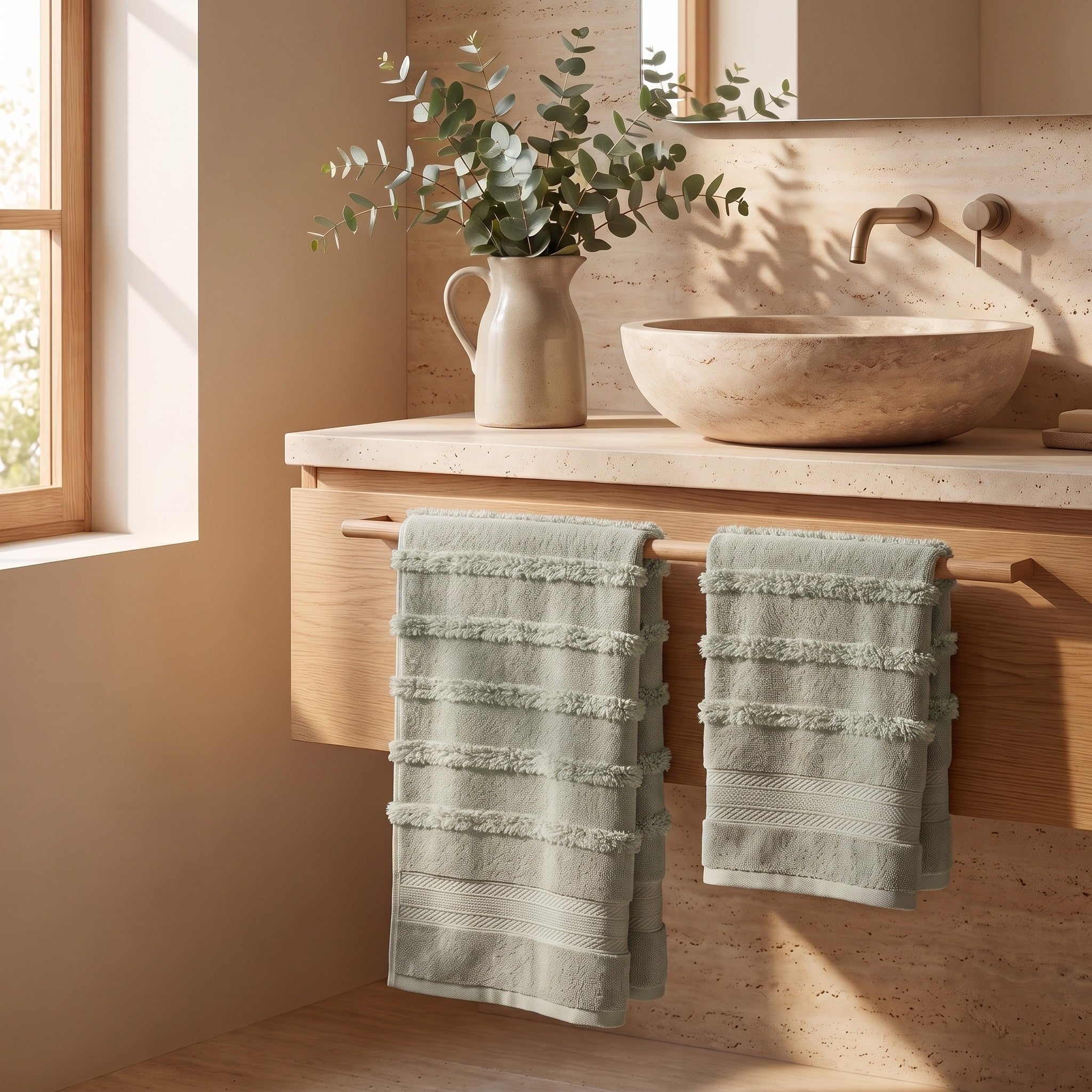 Linoa 650 Naem+ Spa in sage green 100% cotton towel, styled bathroom scene