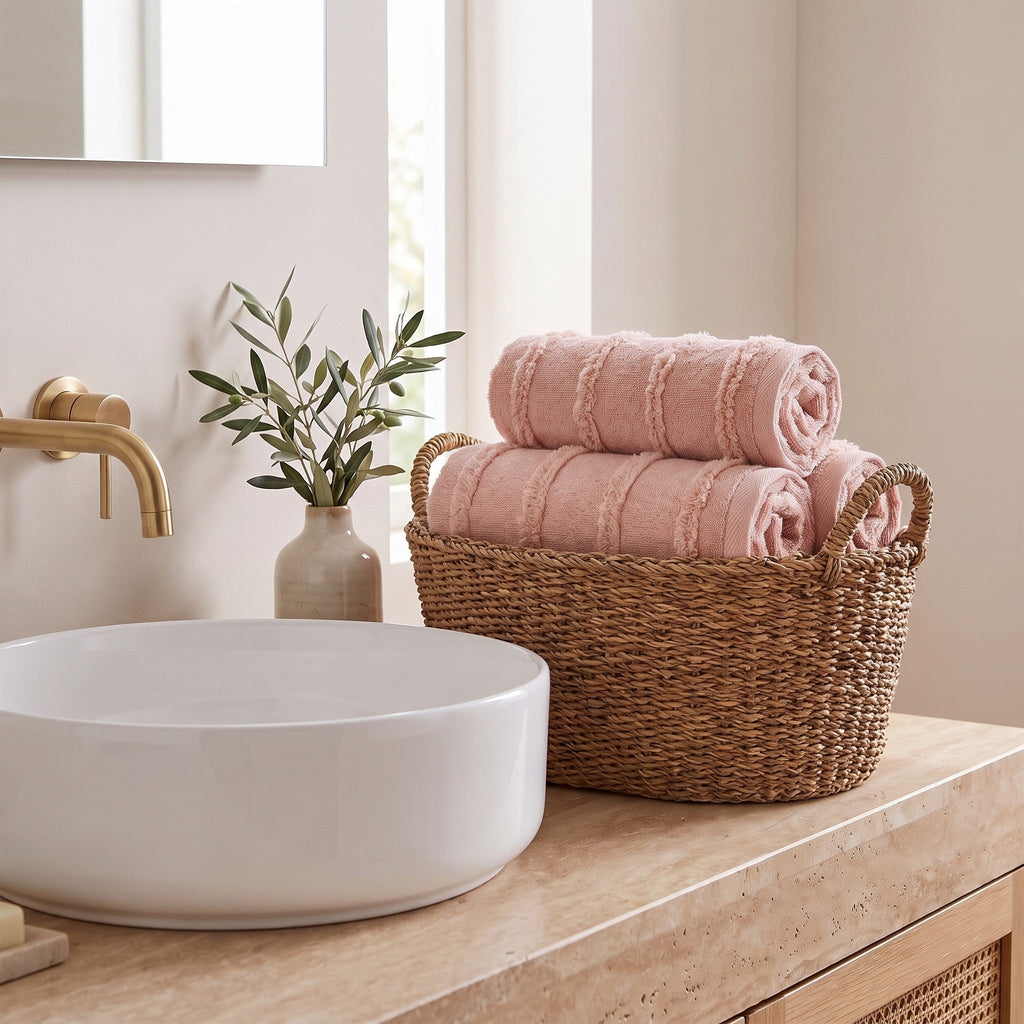 Linoa Naem+ Spa blush pink towel in basket, tufted stripe weave