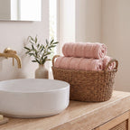 Linoa 650 Naem+ Spa in blush pink 100% cotton towel, in a woven basket