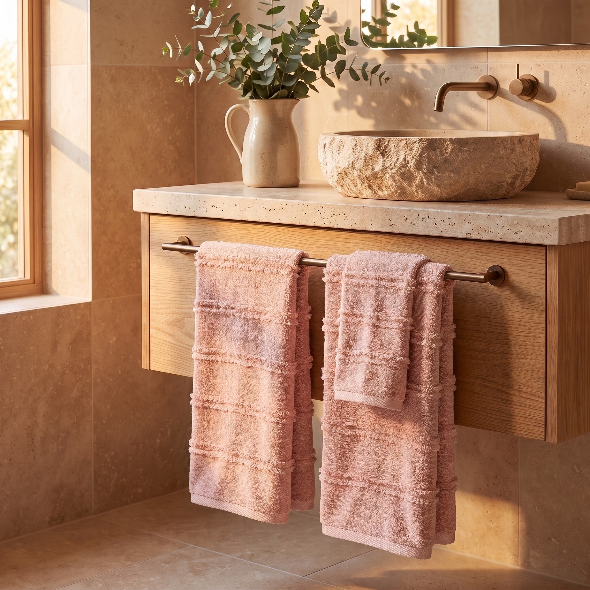 Linoa 650 Naem+ Spa in blush pink 100% cotton towel, styled bathroom scene