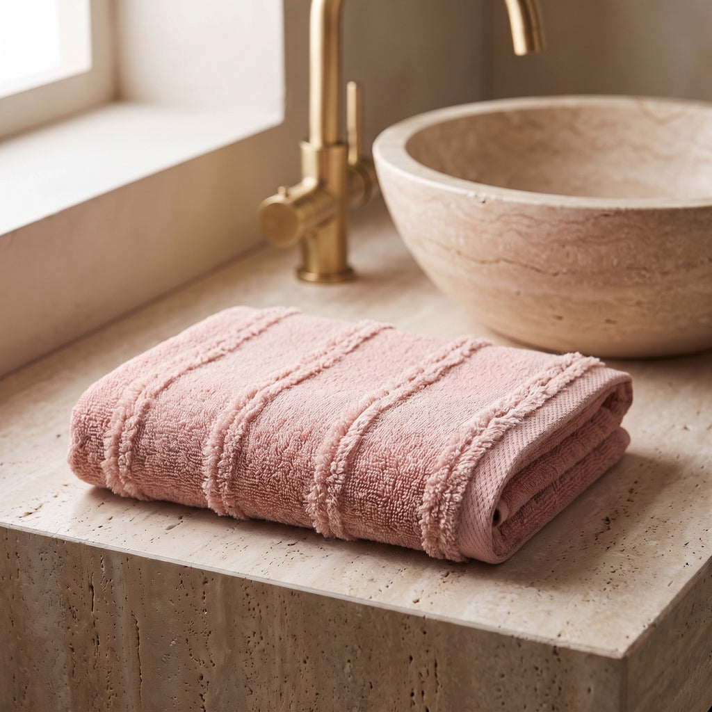 Linoa 650 Naem+ Spa in blush pink 100% cotton towel, folded on a shelf