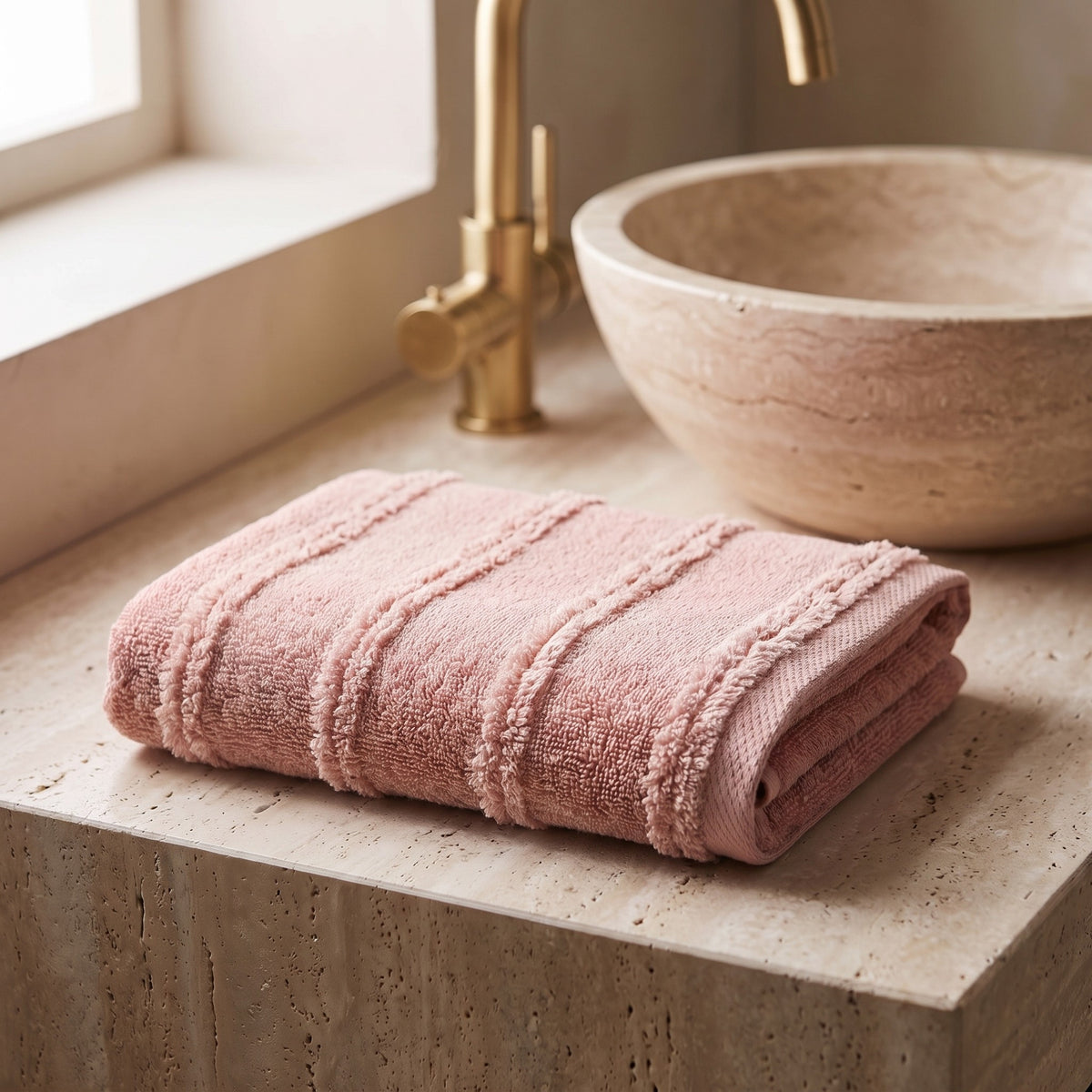 Linoa 650 Naem+ Spa in blush pink 100% cotton towel, folded on a shelf
