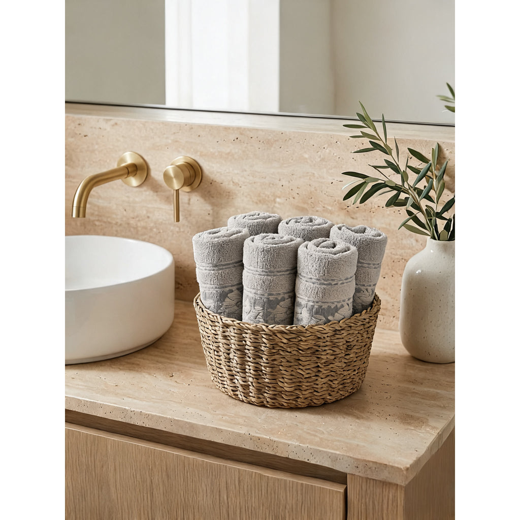 Linoa Signature Sahb — Grey, face towel in basket