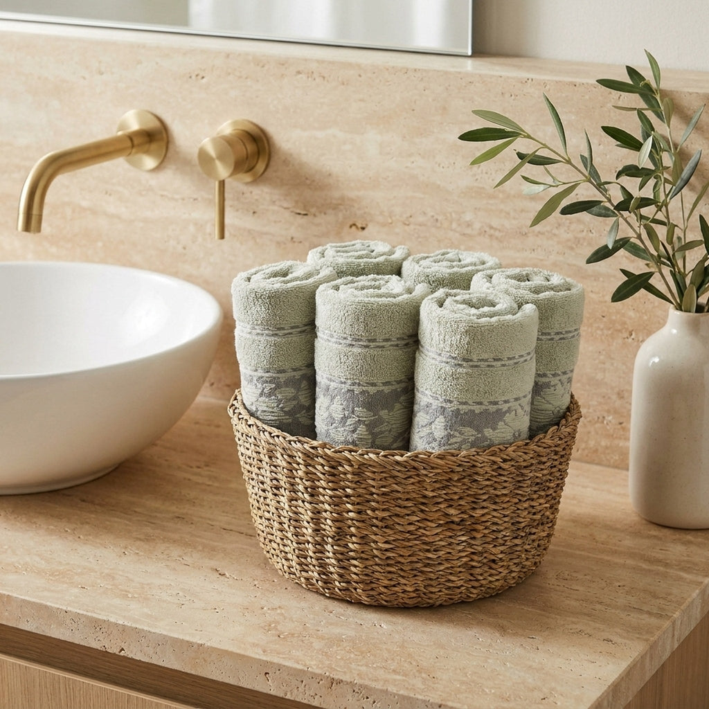 Linoa Signature Sahb — Sage, face towel in basket