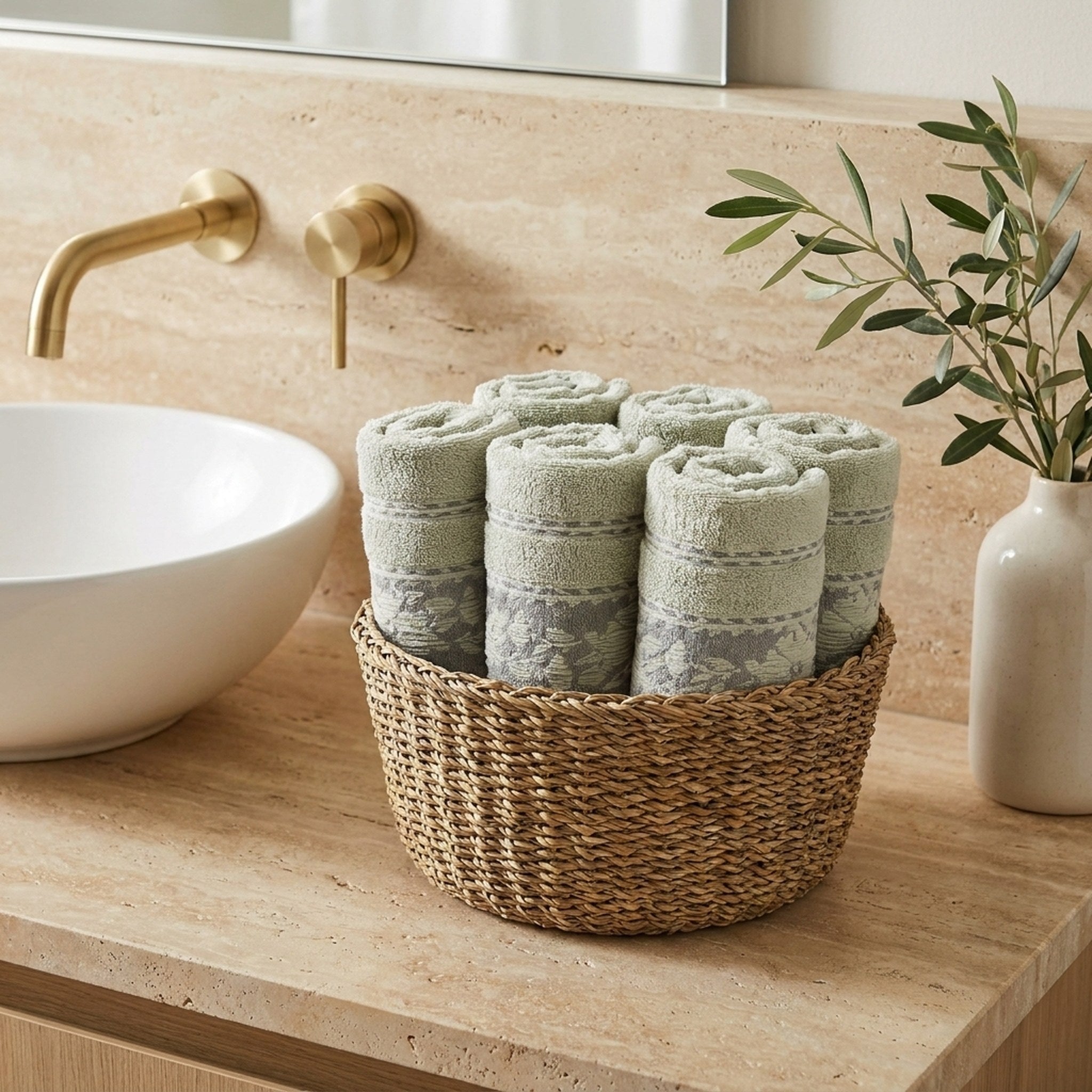 Linoa Signature Sahb — Sage, face towel in basket