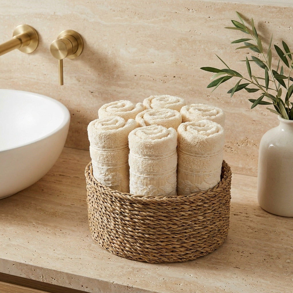Linoa Signature Sahb — Cream, face towel in basket
