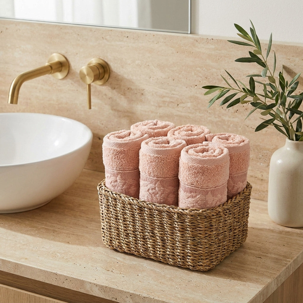 Linoa Signature Sahb — Blush Pink, face towel in basket