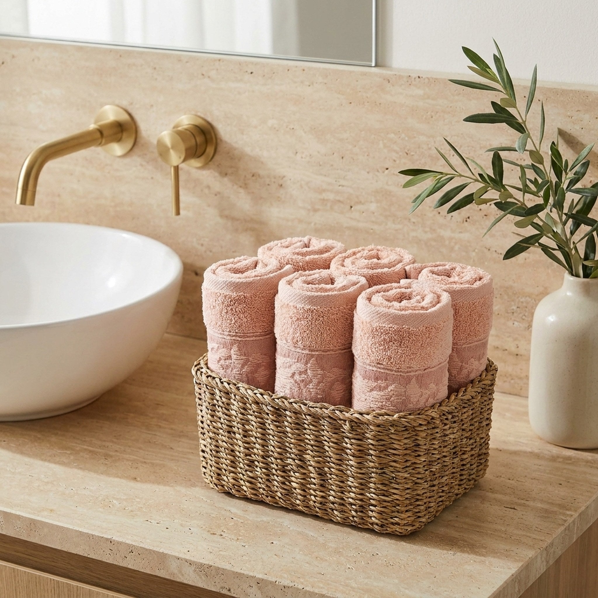 Linoa Signature Sahb — Blush Pink, face towel in basket