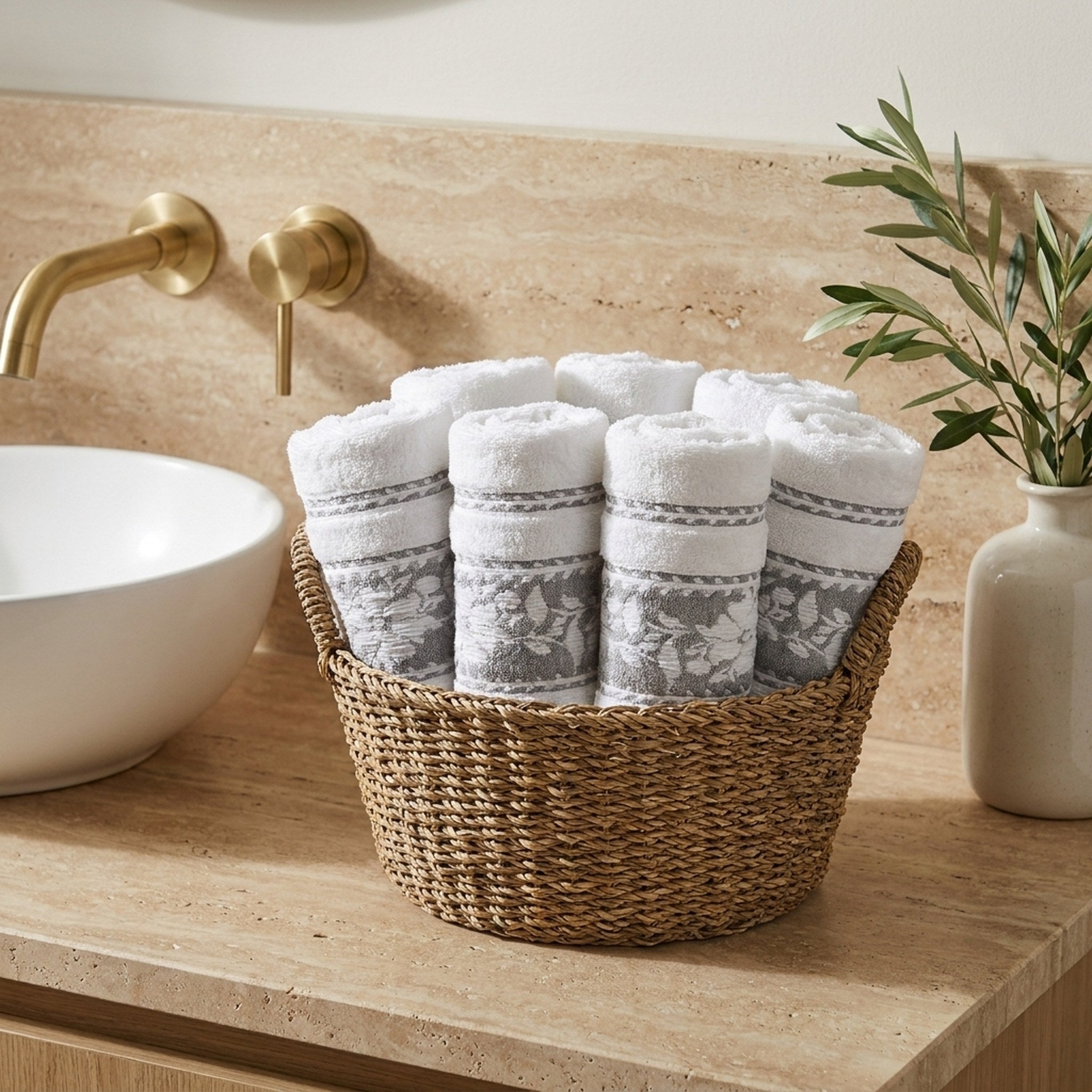 Linoa Signature Sahb — White, face towel in basket