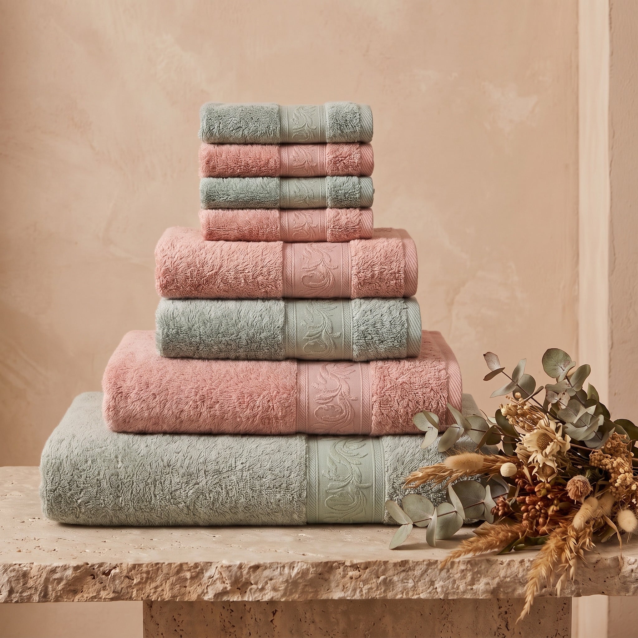 Linoa Family · Reesha in Sage & Blush Pink — 9-piece two-tone stack
