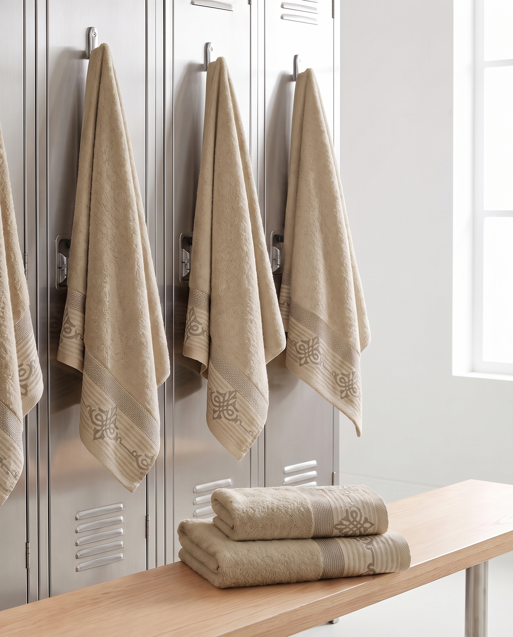 Linoa Gym Raha towel set, Sand colourway, hook shot