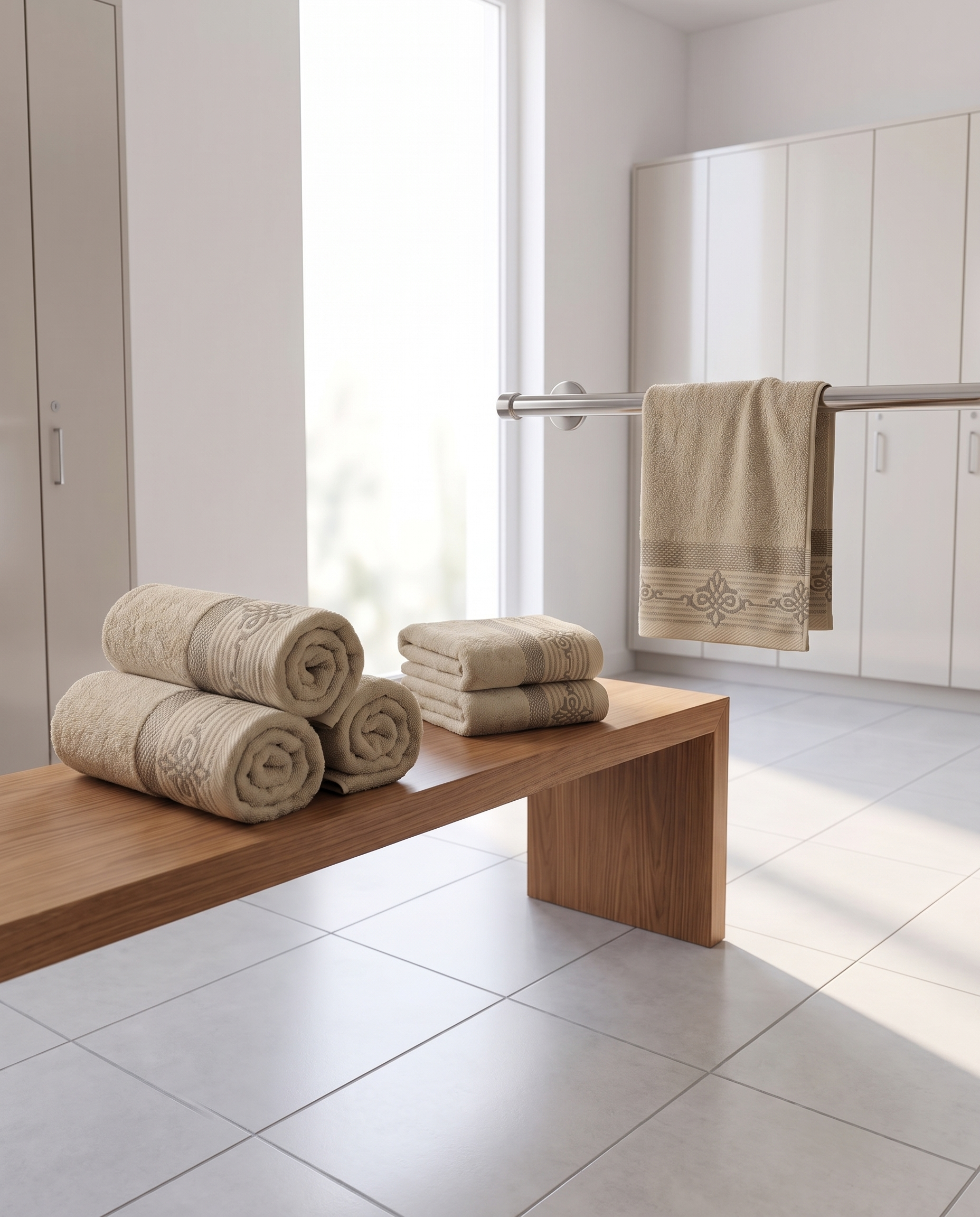 Linoa Gym Raha towel set, Sand colourway, scene shot