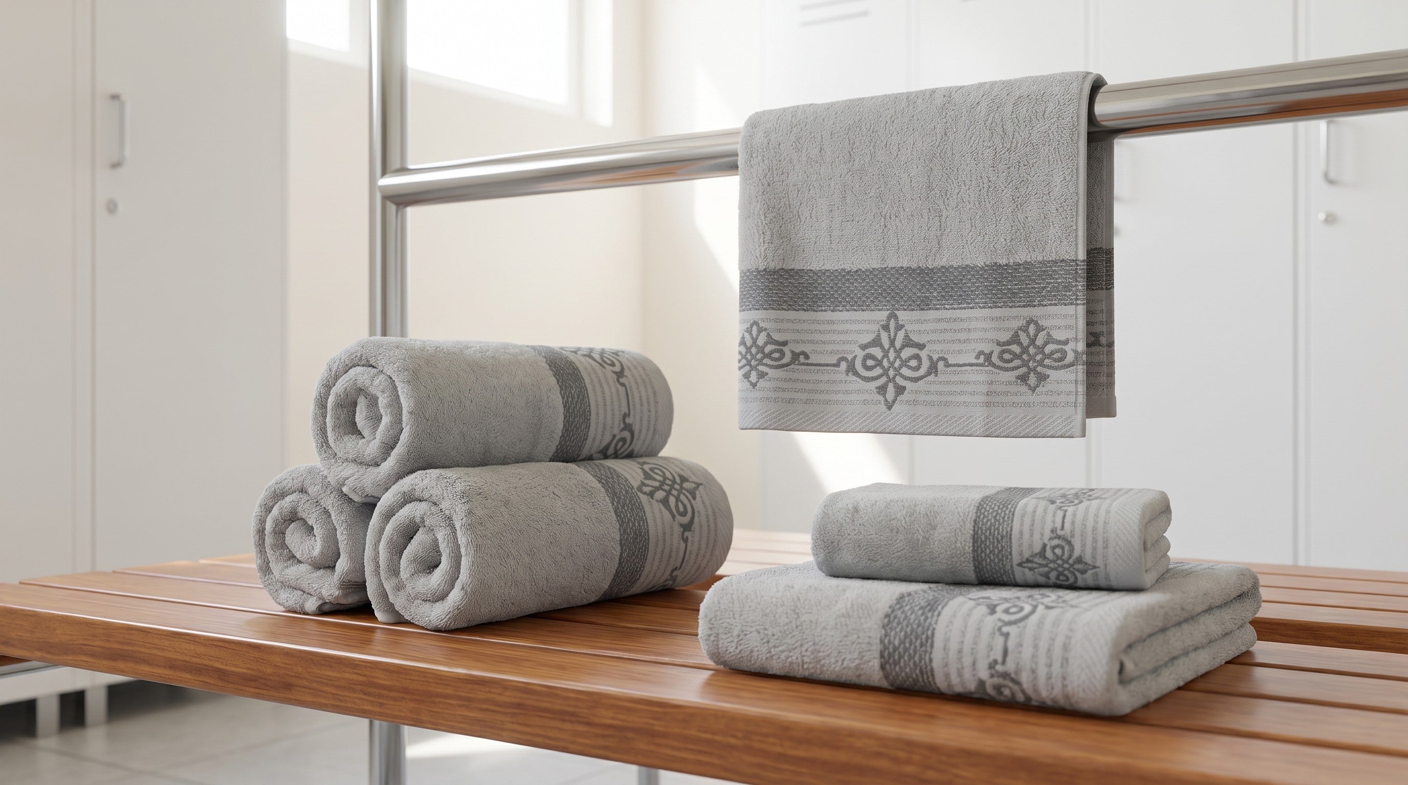 Linoa Gym Raha towel set — Grey — locker scene