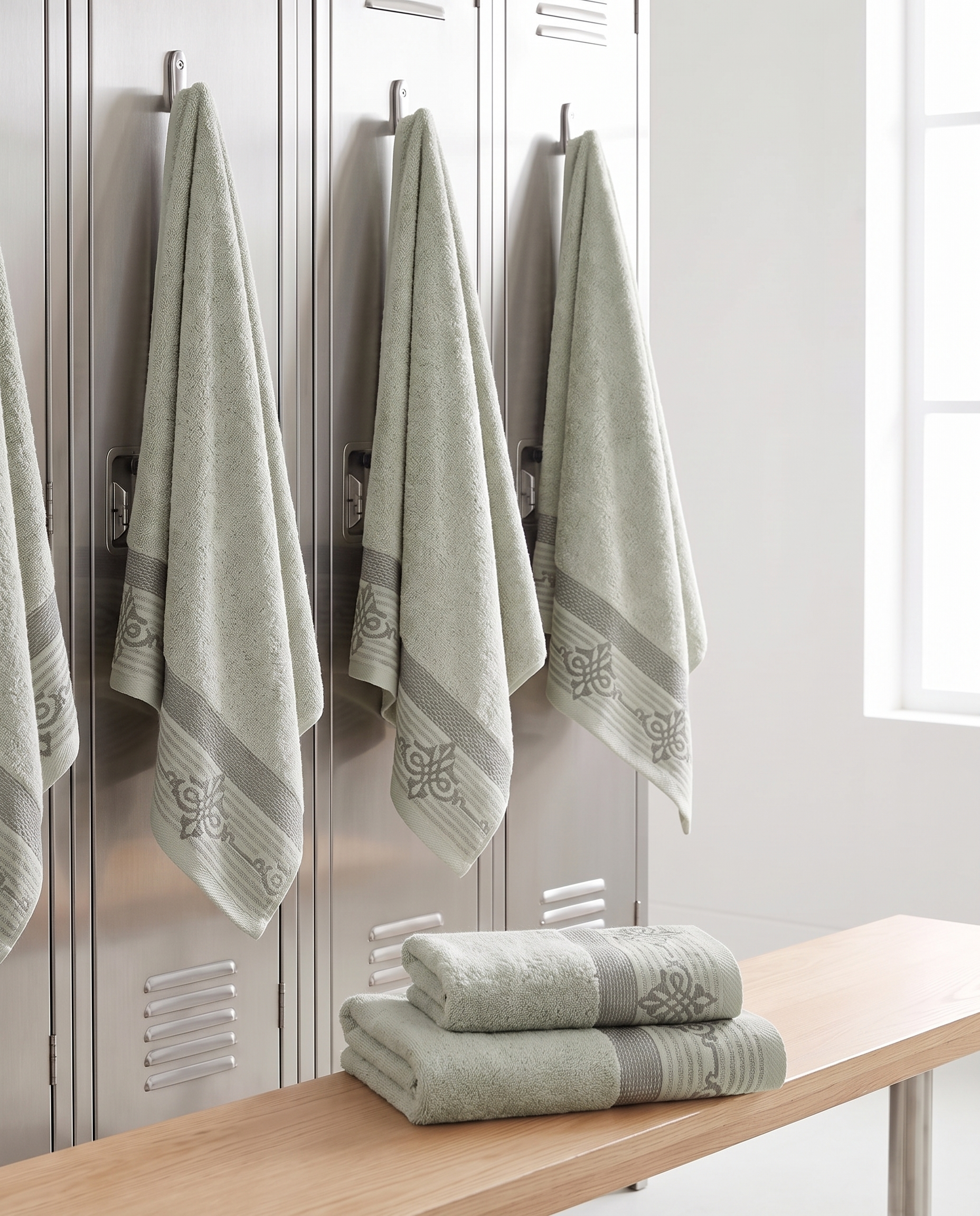 Linoa Gym Raha towel set, Sage colourway, hook shot