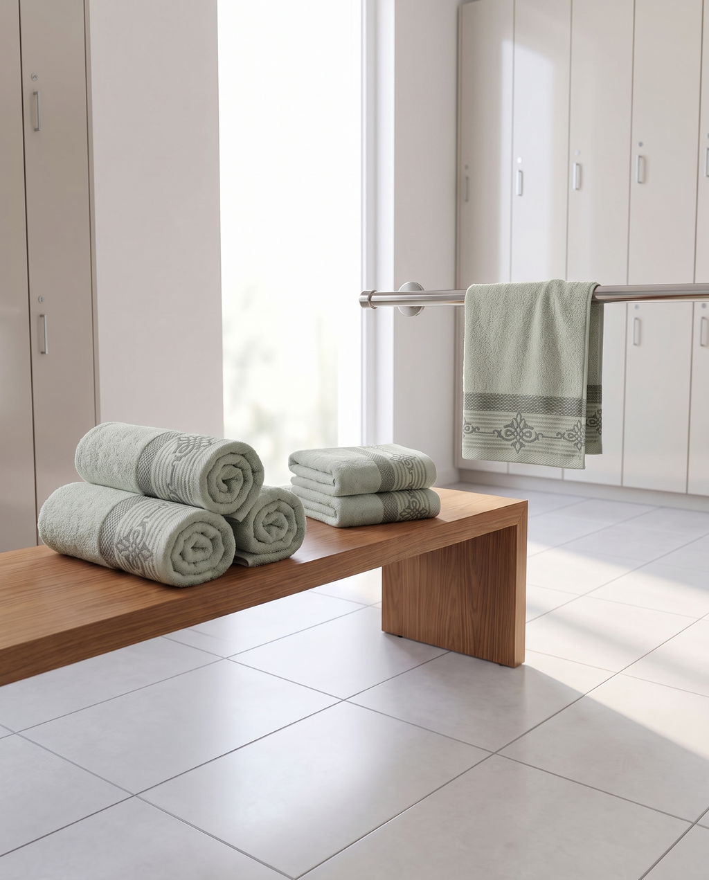Linoa Gym Raha towel set, Sage colourway, scene shot