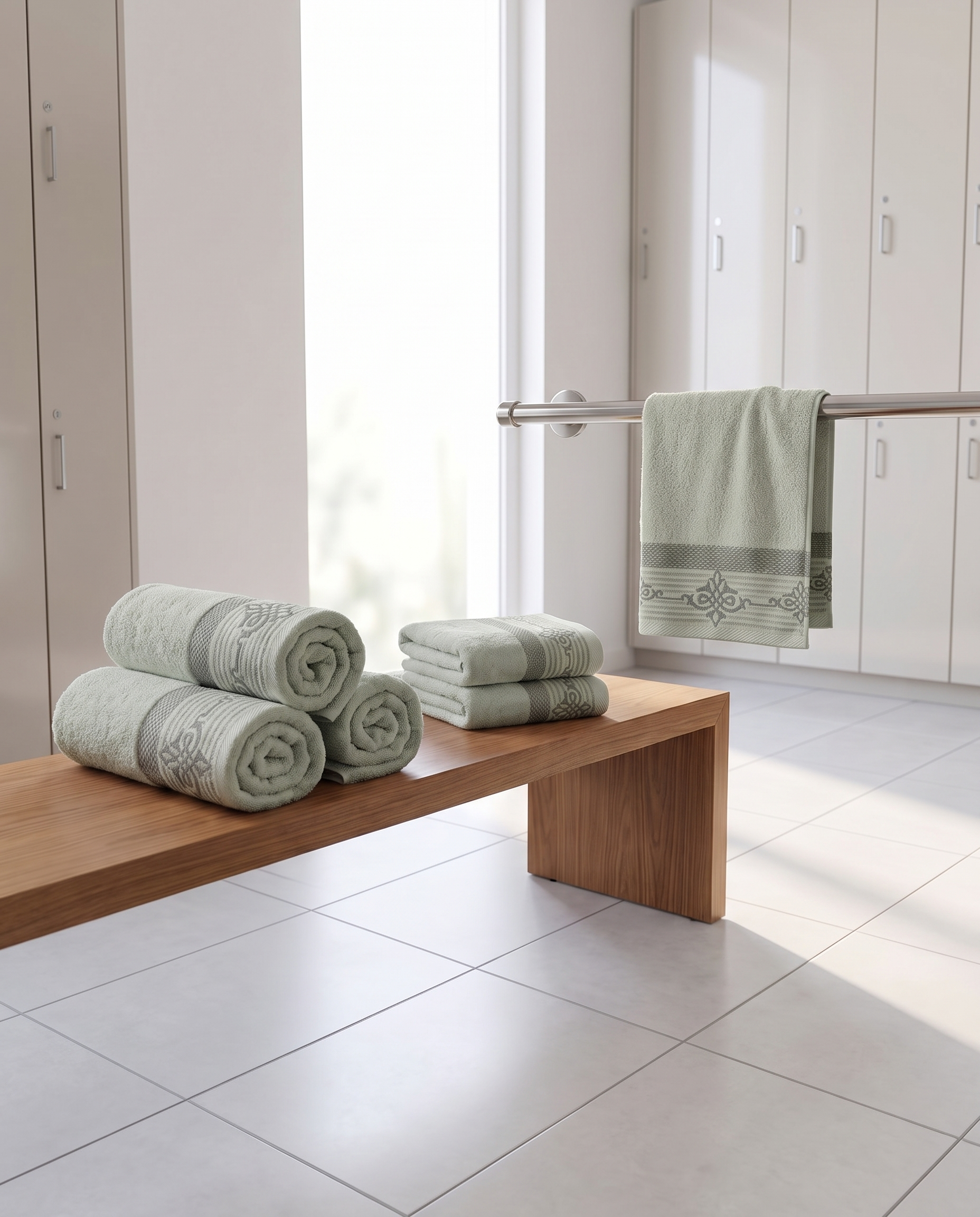 Linoa Gym Raha towel set, Sage colourway, scene shot