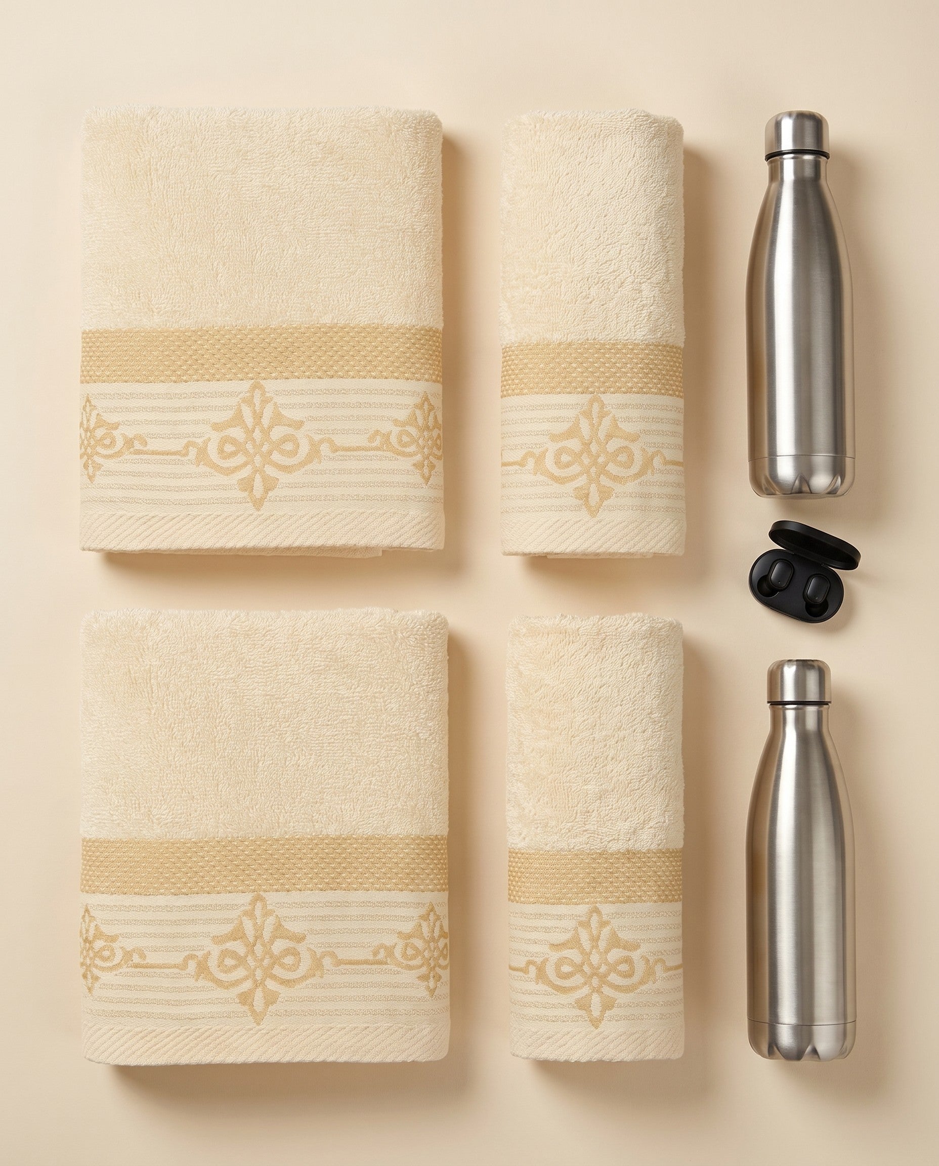 Linoa Gym Raha towel set — Off-white — flat-lay