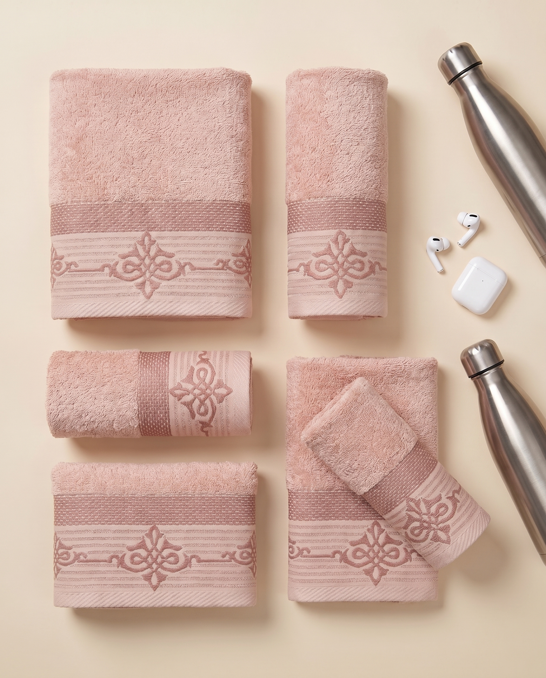 Linoa Gym Raha towel set, Blush Pink colourway, flatlay shot