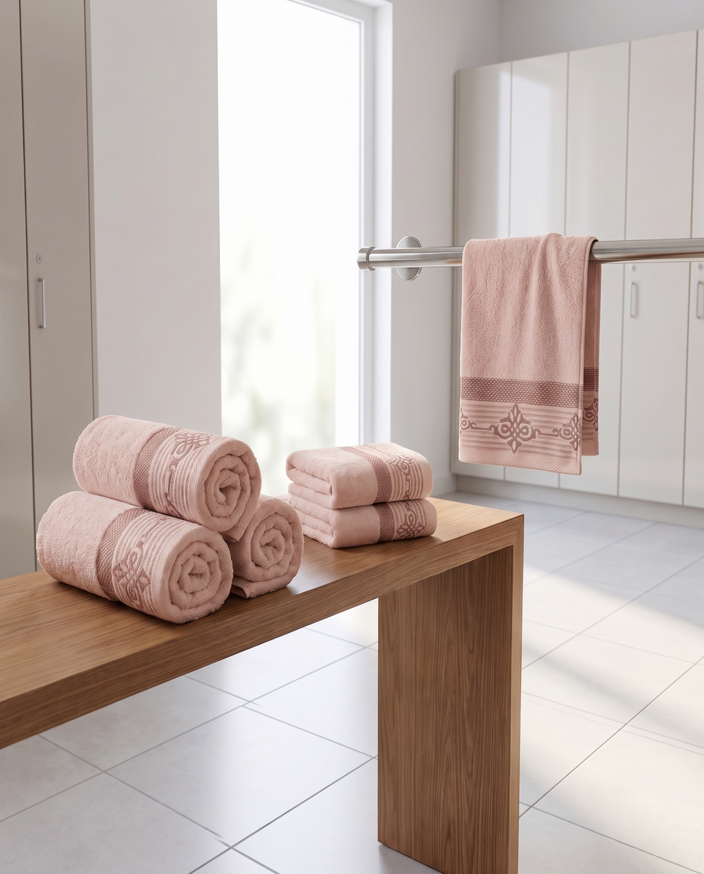 Linoa Gym Raha towel set, Blush Pink colourway, scene shot