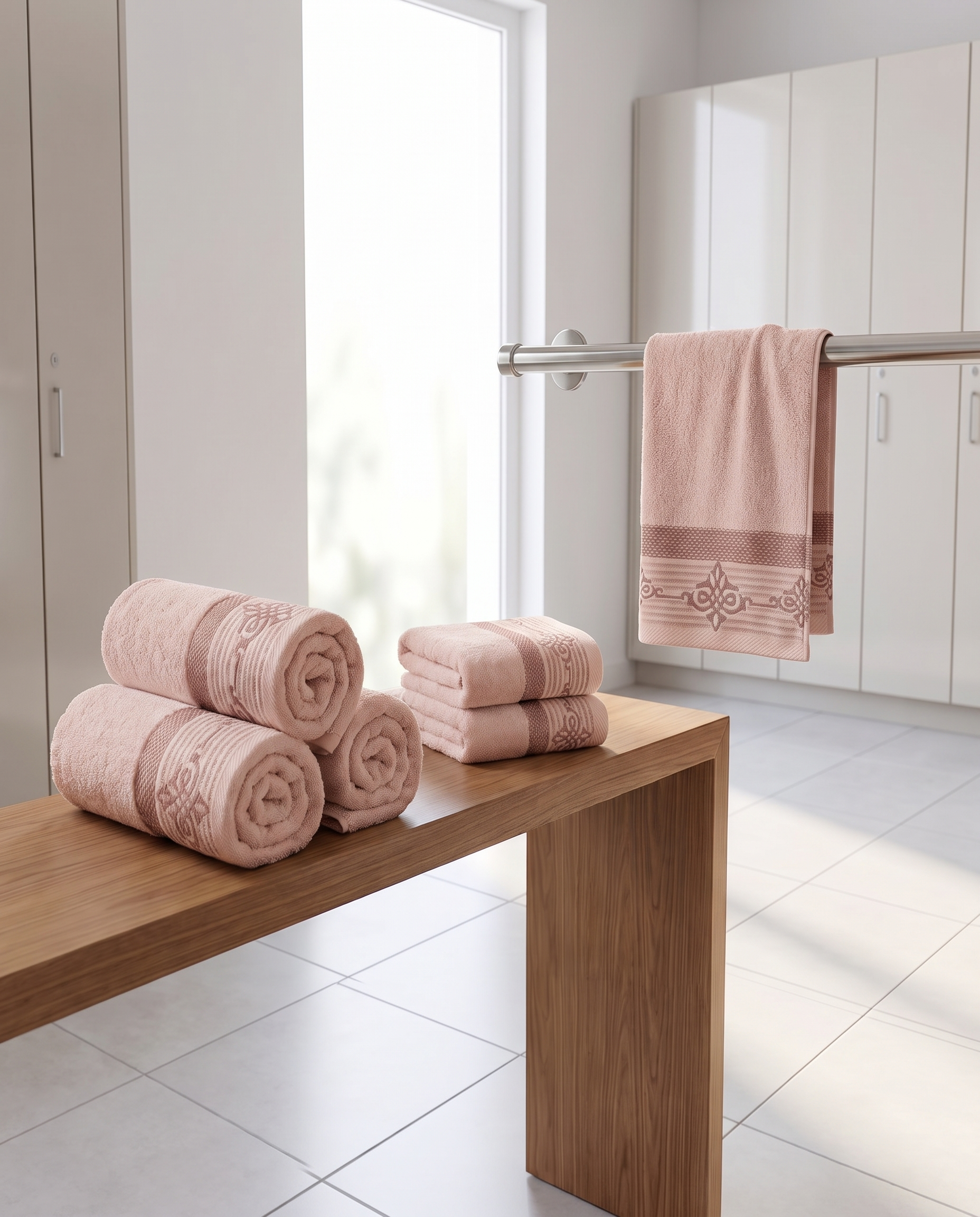 Linoa Gym Raha towel set, Blush Pink colourway, scene shot