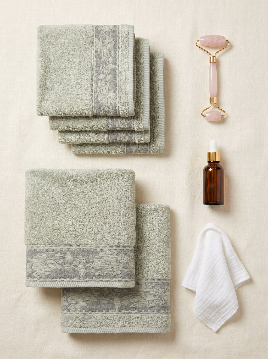 Linoa Spa Ritual — vanity scene (Sage), 2 hand + 4 face