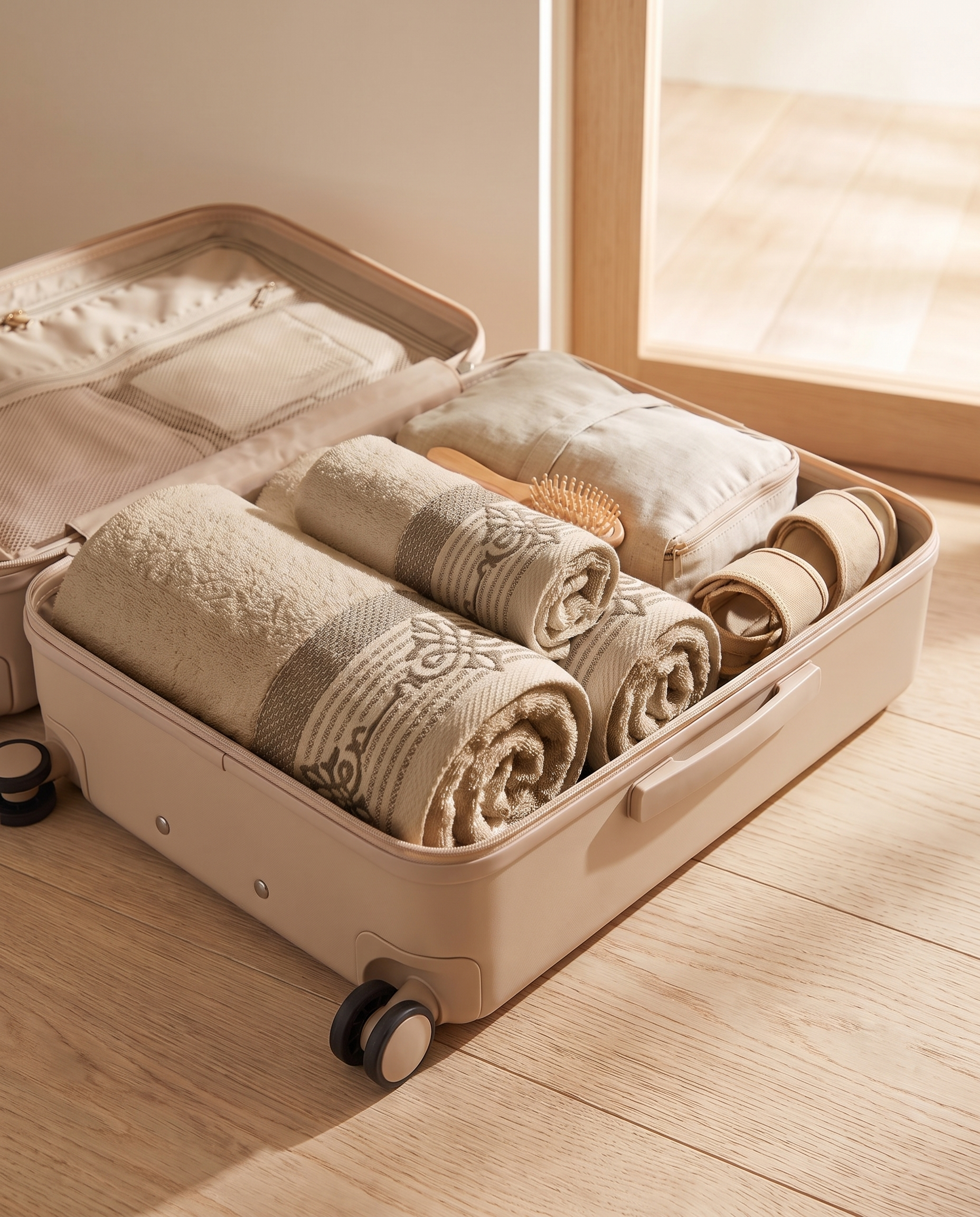 Linoa Travel Raha towel set, Sand colourway, scene shot