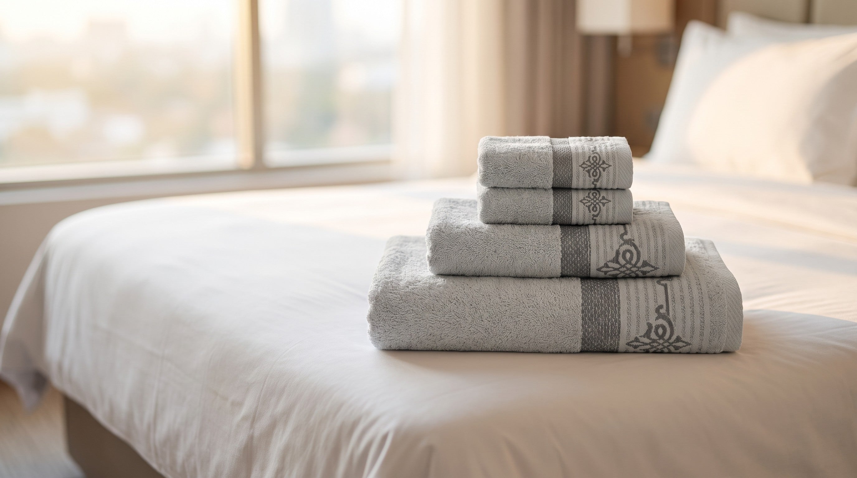 Linoa Travel Raha towel set — Grey — hotel bed