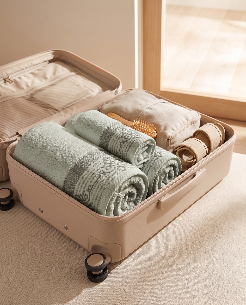 Linoa Travel Raha towel set, Sage colourway, scene shot